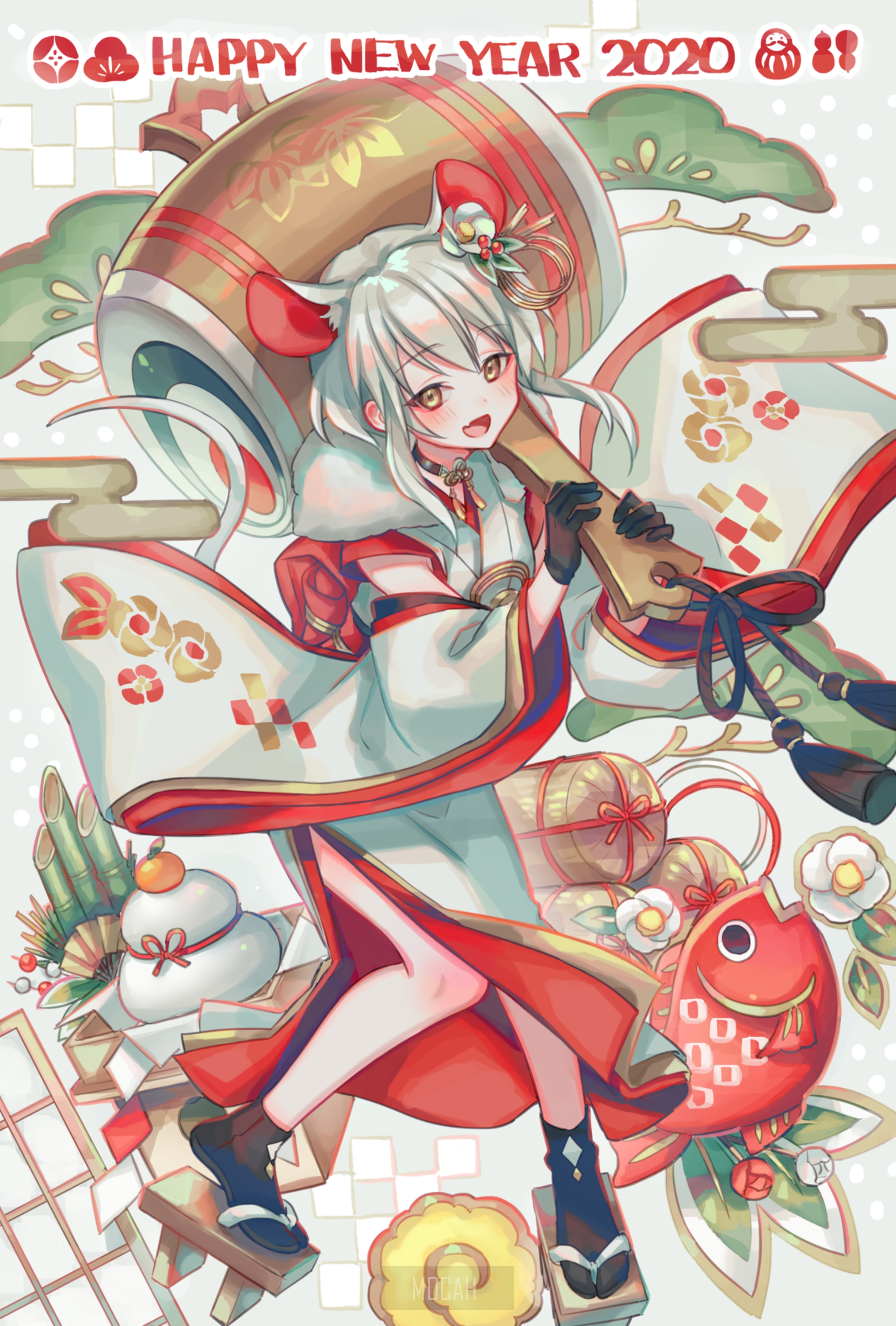 Anime girl with mallet and New Year decorations HD Phone Wallpaper
