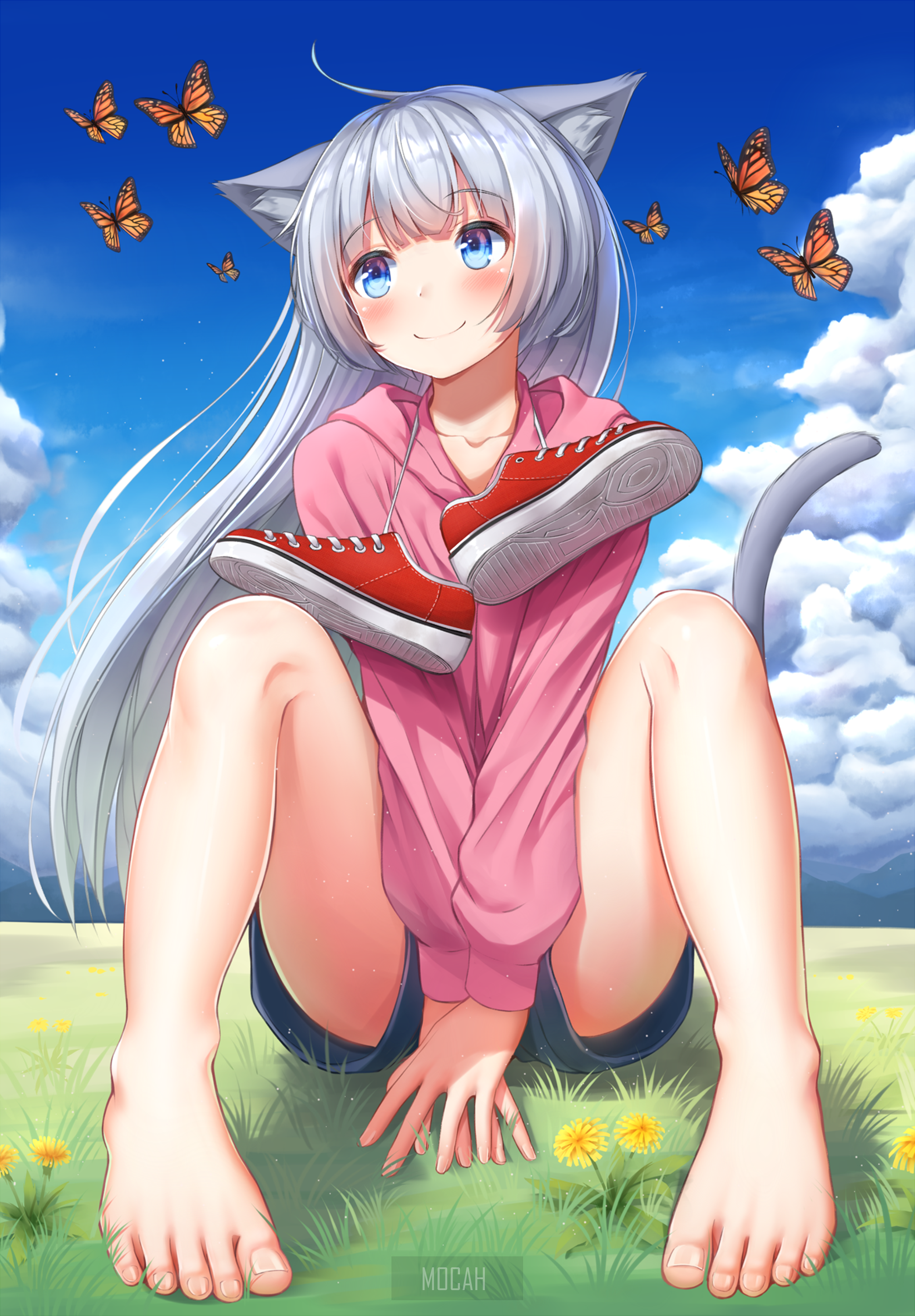 Smiling Cat Girl with Butterflies and Blue Sky HD Phone Wallpaper