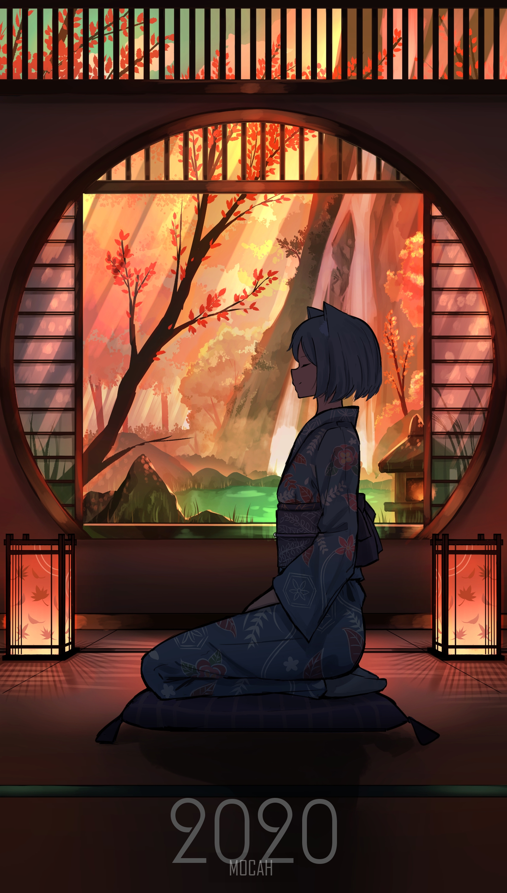 Serene Anime Girl Meditating by Autumn Window HD Phone Wallpaper
