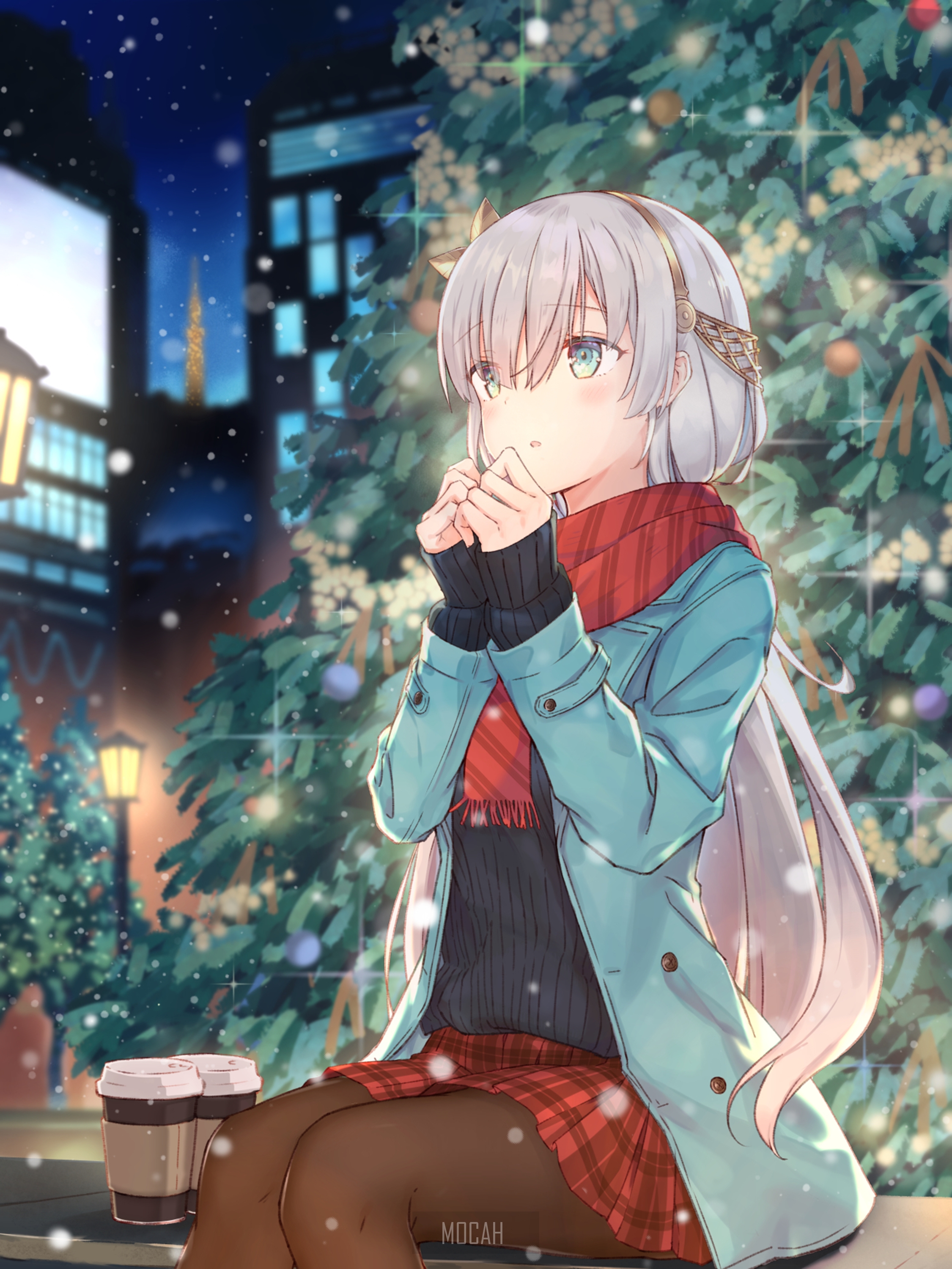 Anime girl in winter coat with scarf and coffee cups HD Phone Wallpaper