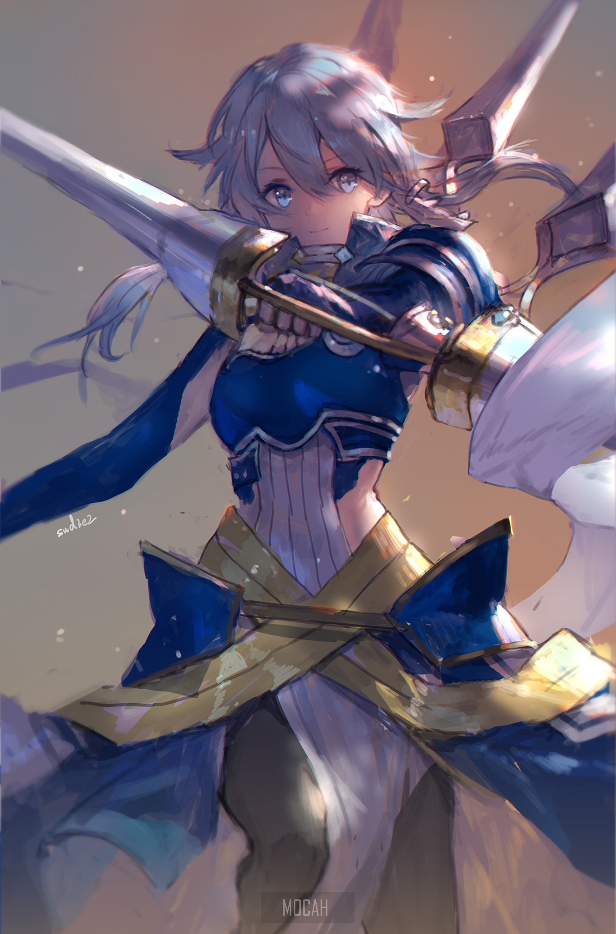 Anime girl with sword in blue and gold armor HD Phone Wallpaper