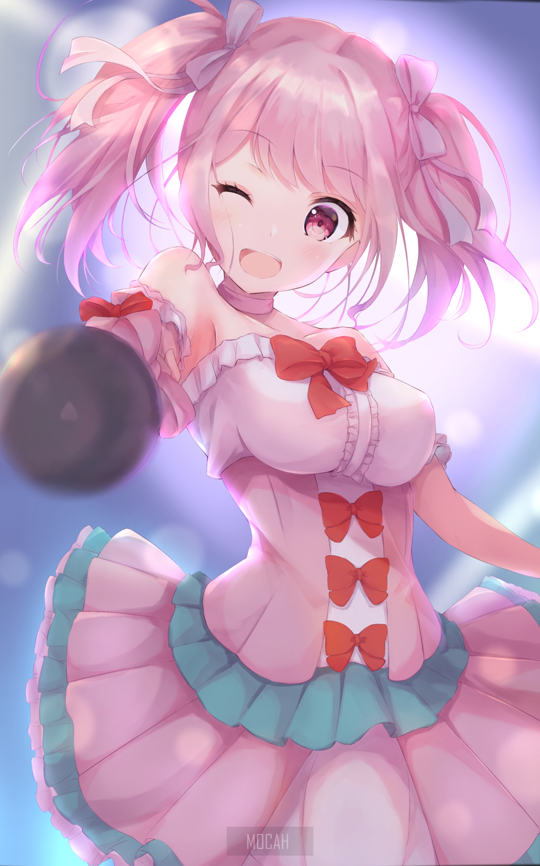 Anime girl with pink twintails holding a bowling ball HD Phone Wallpaper
