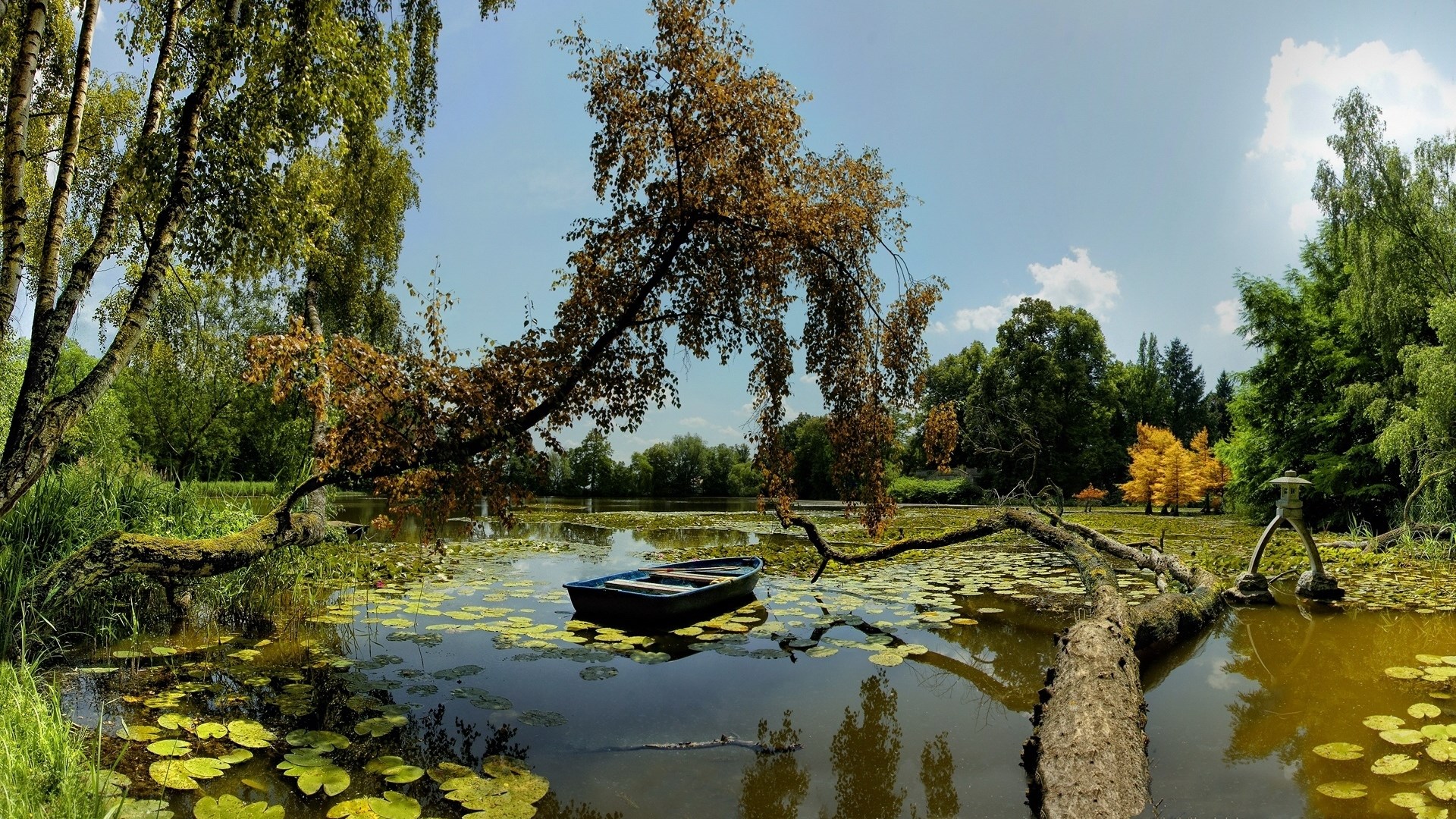 Boat on a lily pad covered pond with trees and a stone lantern HD Wallpaper
