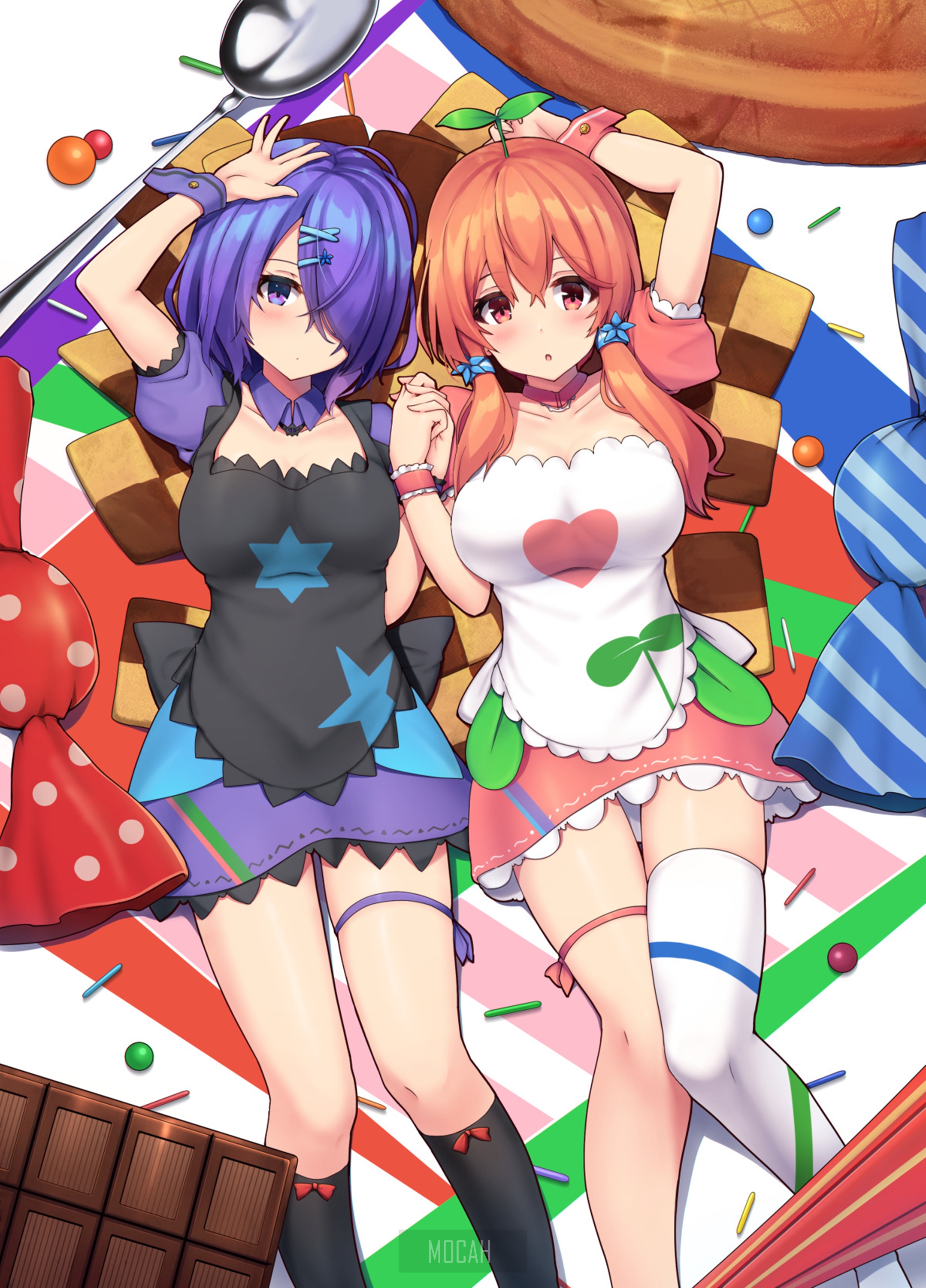 Two anime girls with purple and pink hair lying down HD Phone Wallpaper