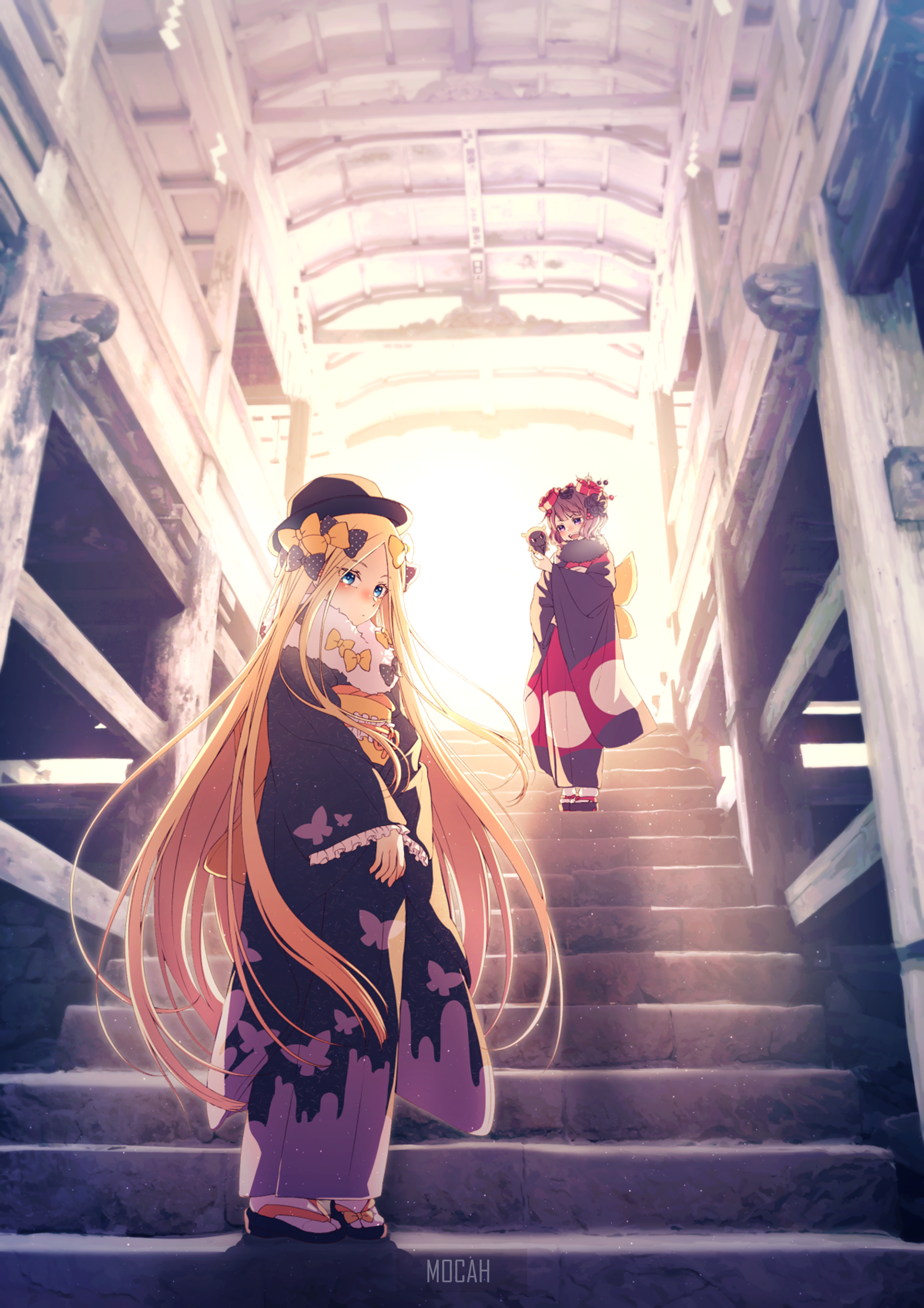 Two anime girls in kimonos on a wooden bridge HD Phone Wallpaper