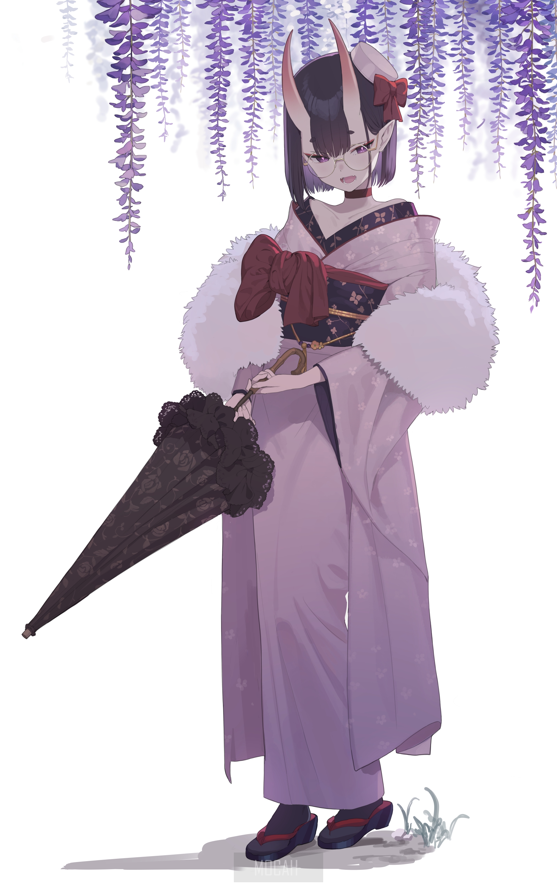 Anime girl with horns and kimono holding an umbrella HD Phone Wallpaper