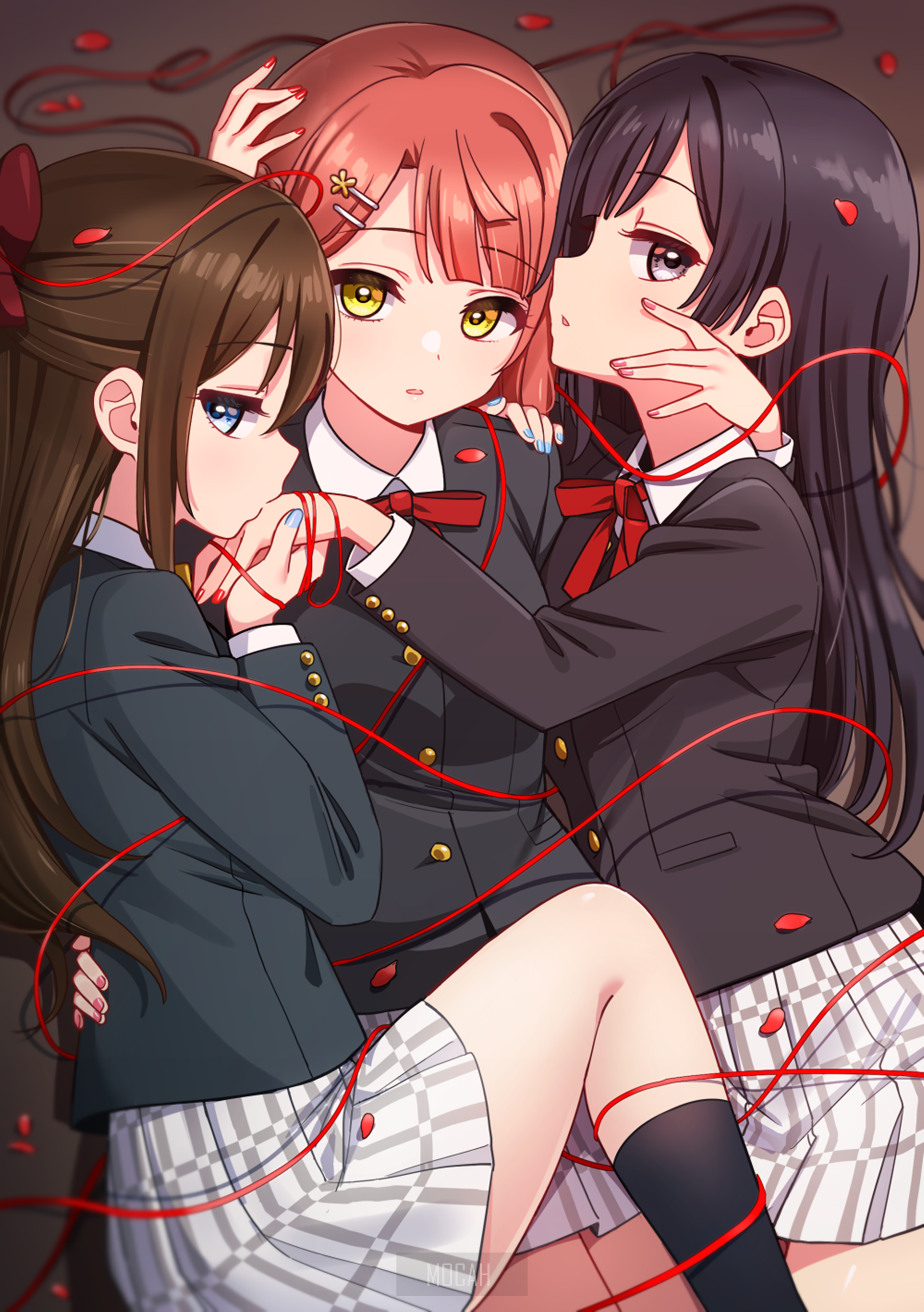 Three anime girls in school uniforms with red strings HD Phone Wallpaper