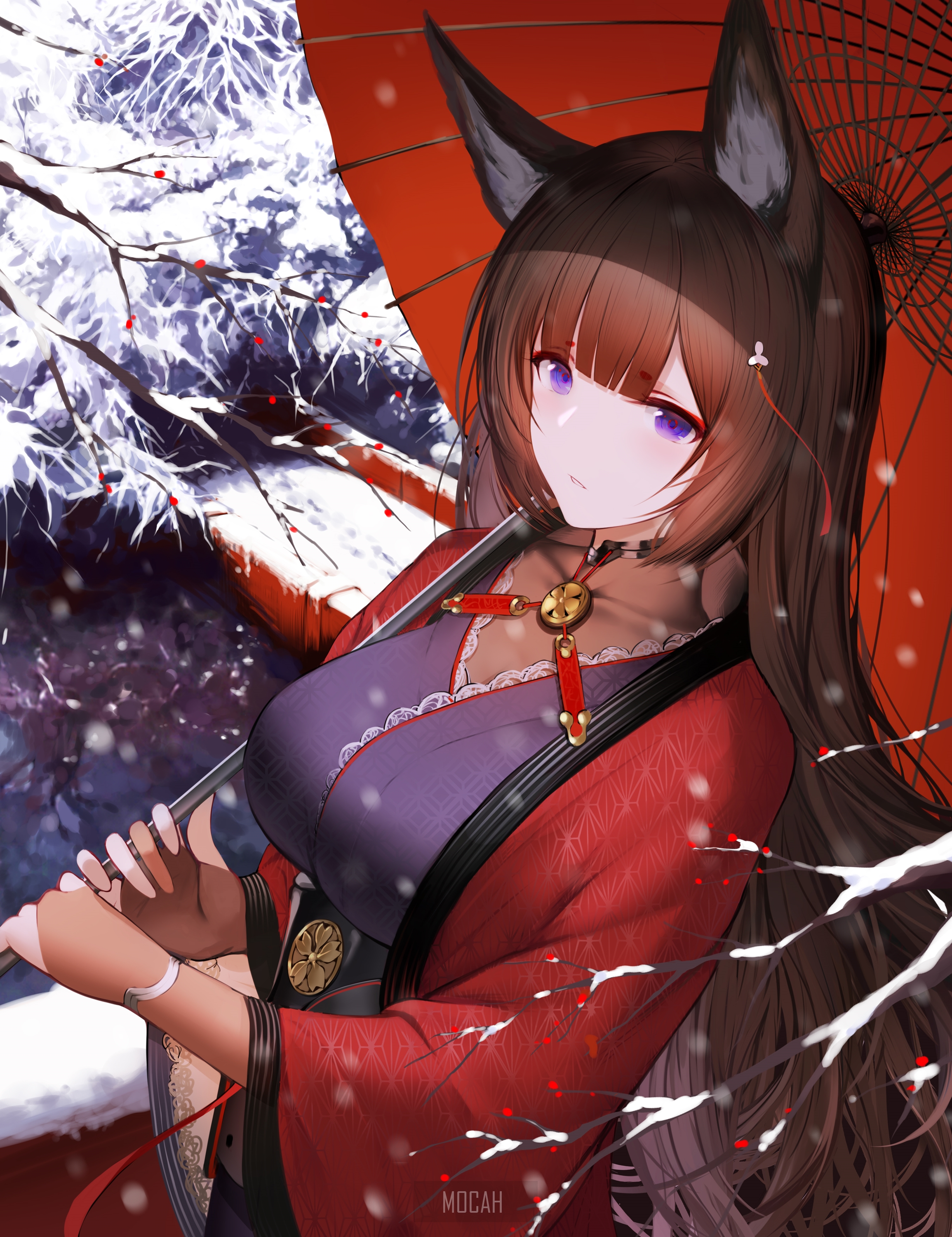 Amagi from Azur Lane with animal ears holding an umbrella in snow HD Phone Wallpaper