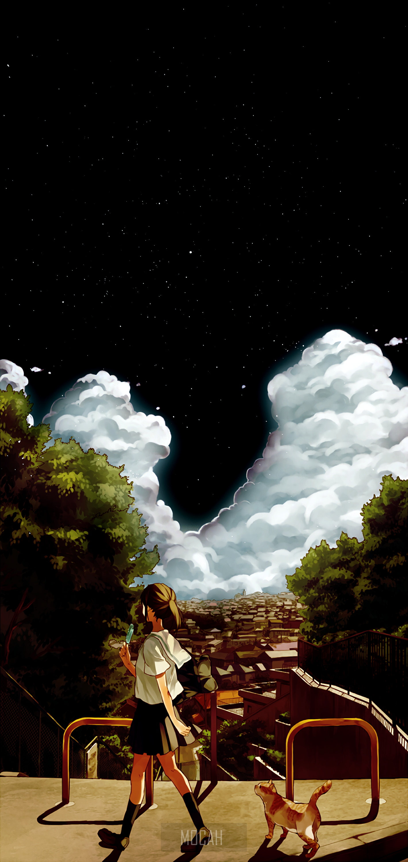 Anime girl and dog walk under starry sky with clouds HD Phone Wallpaper