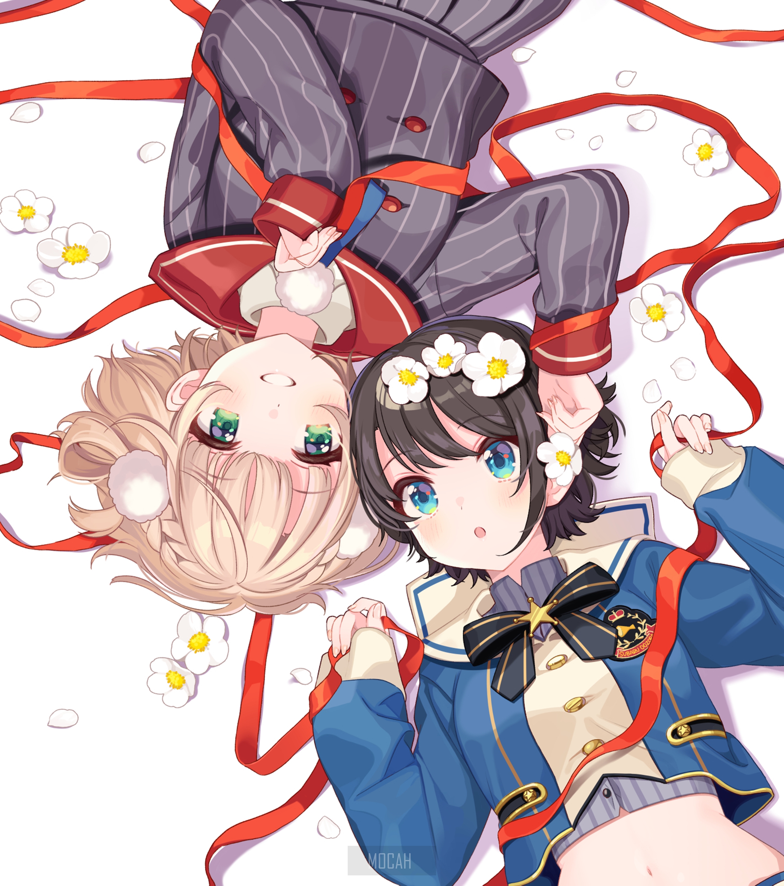 Two anime girls with flowers in their hair HD Phone Wallpaper