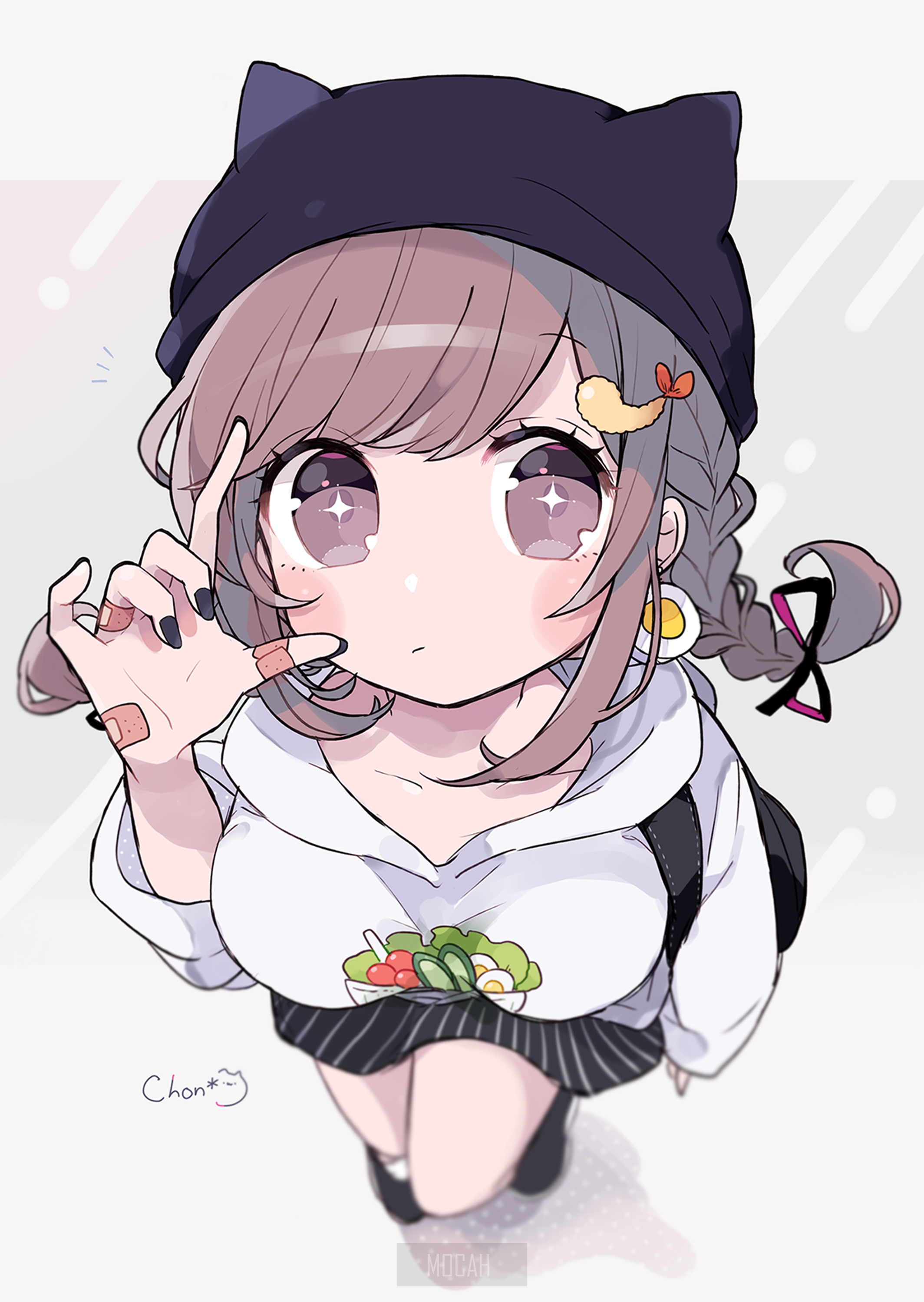 Anime girl with cat ears hat and salad shirt HD Phone Wallpaper