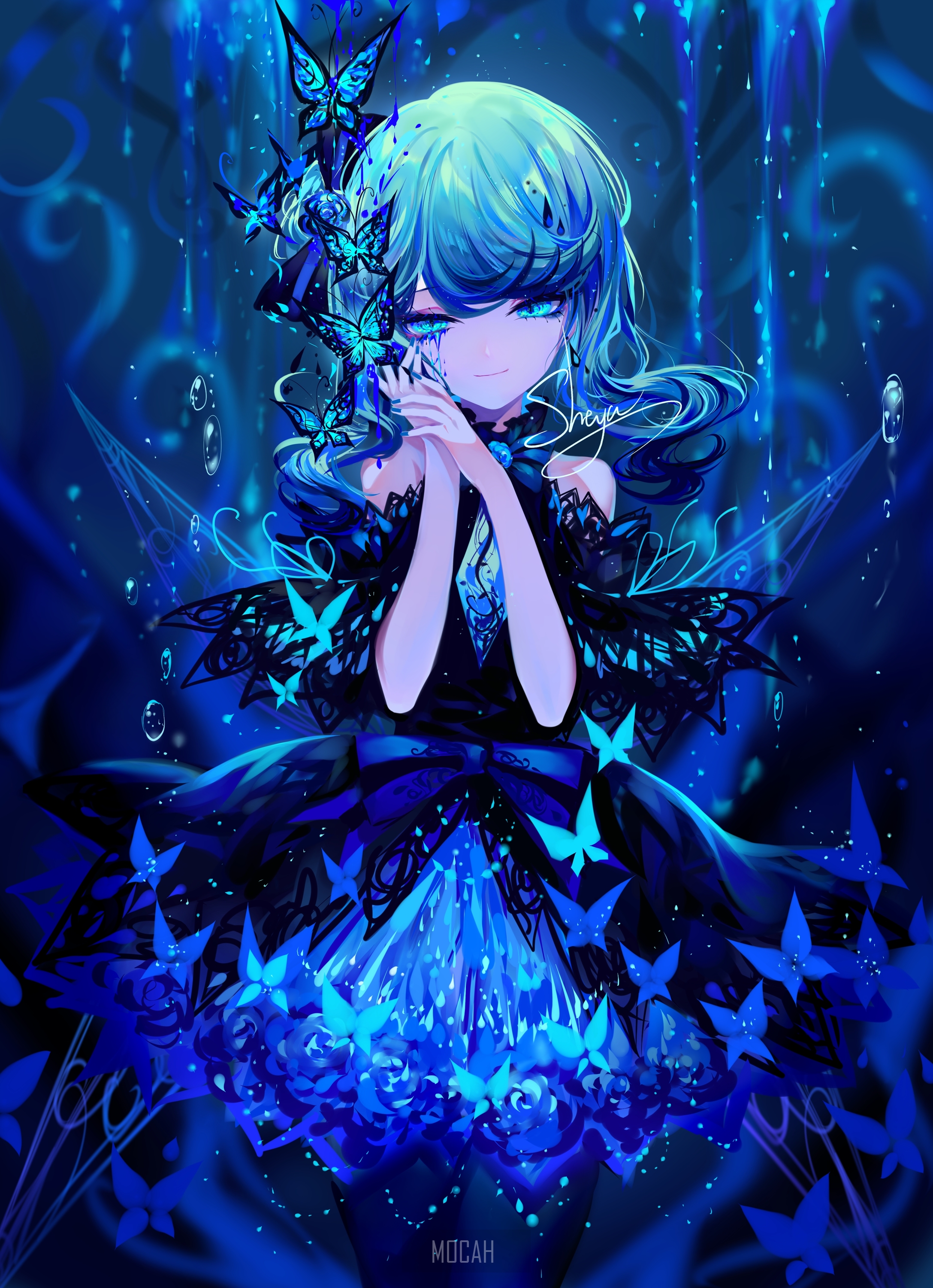 Anime girl with blue hair and butterflies HD Phone Wallpaper