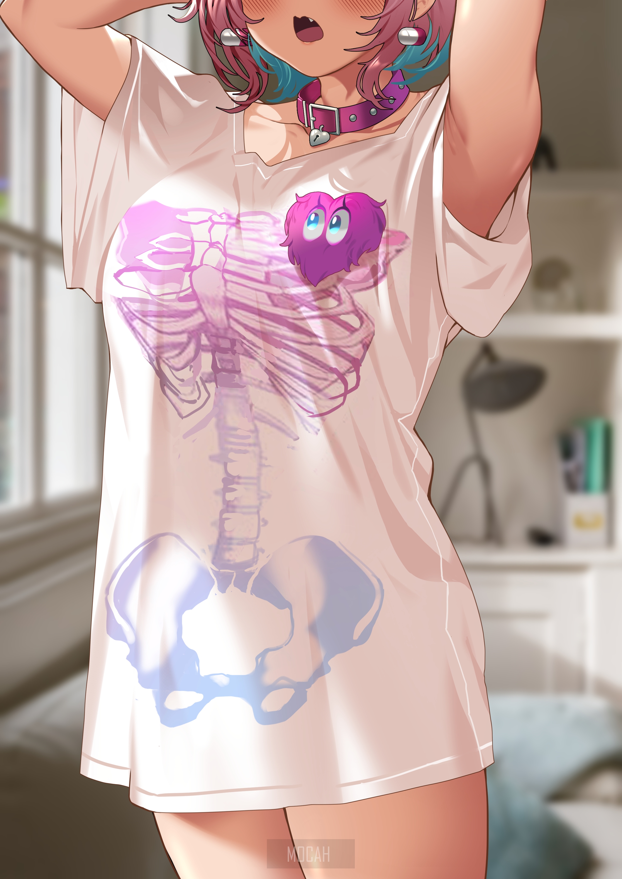 Anime girl with skeleton shirt and heart HD Phone Wallpaper