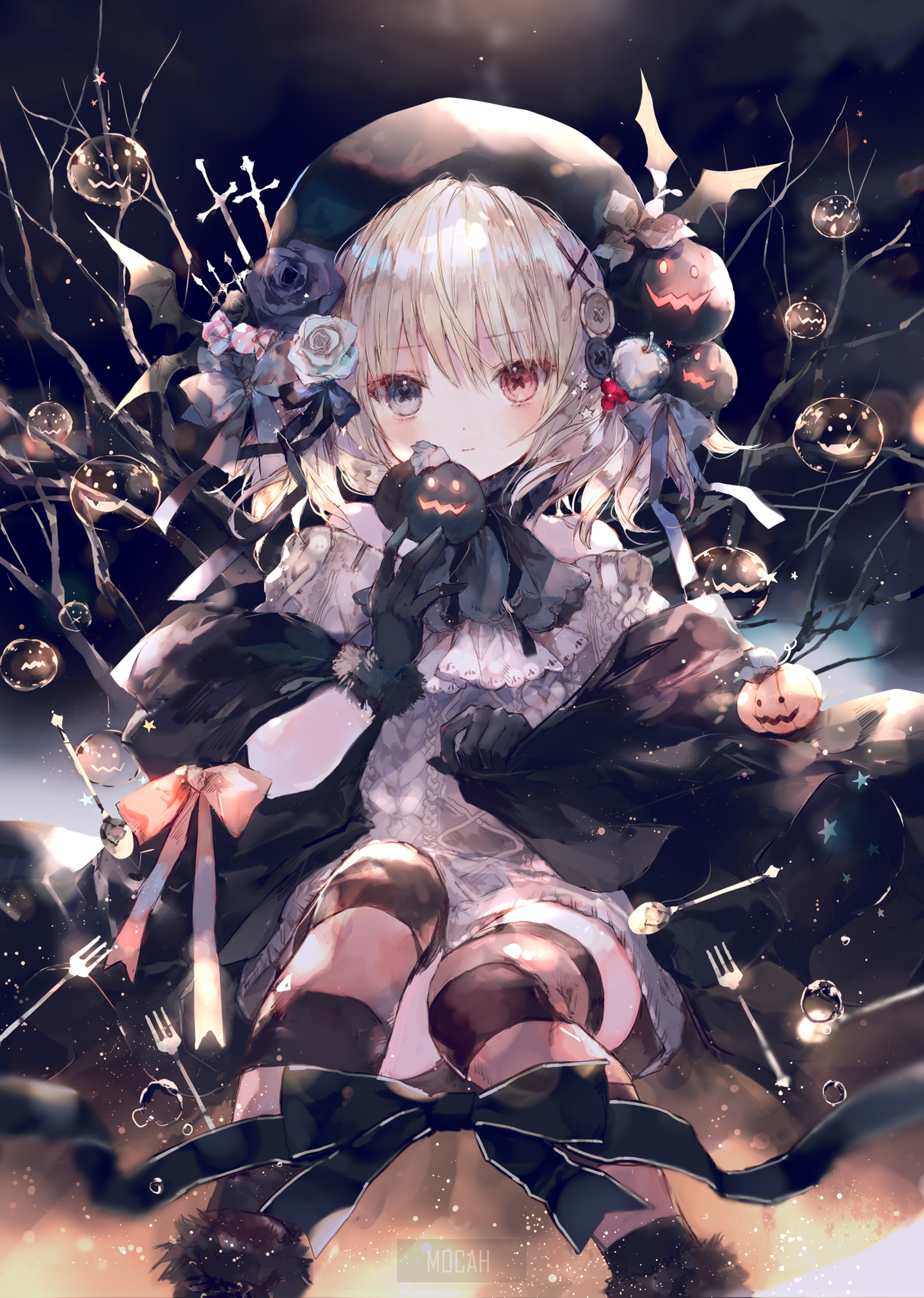 Anime girl with Halloween decorations HD Phone Wallpaper