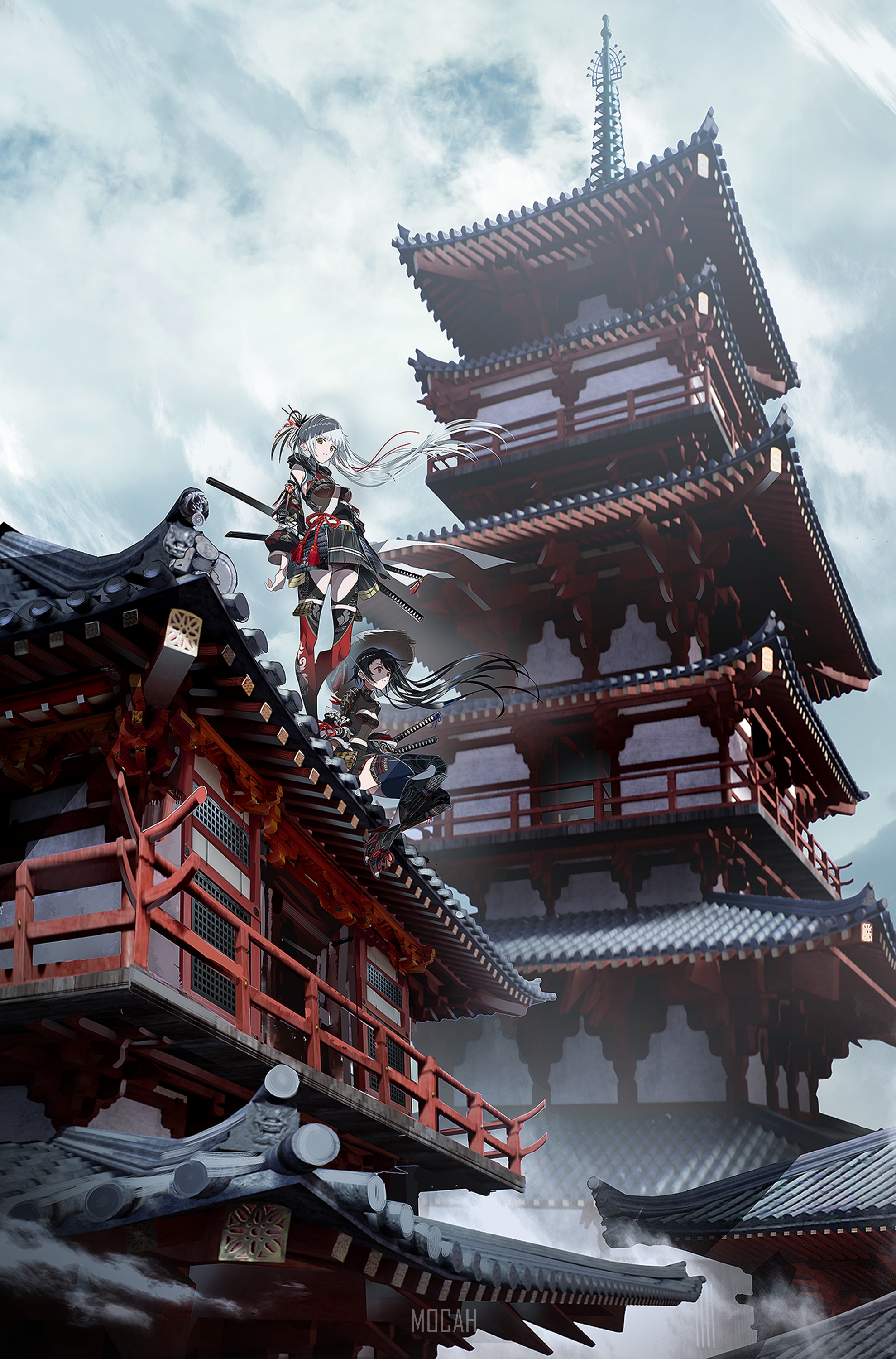 Anime girls with swords on a pagoda rooftop HD Phone Wallpaper