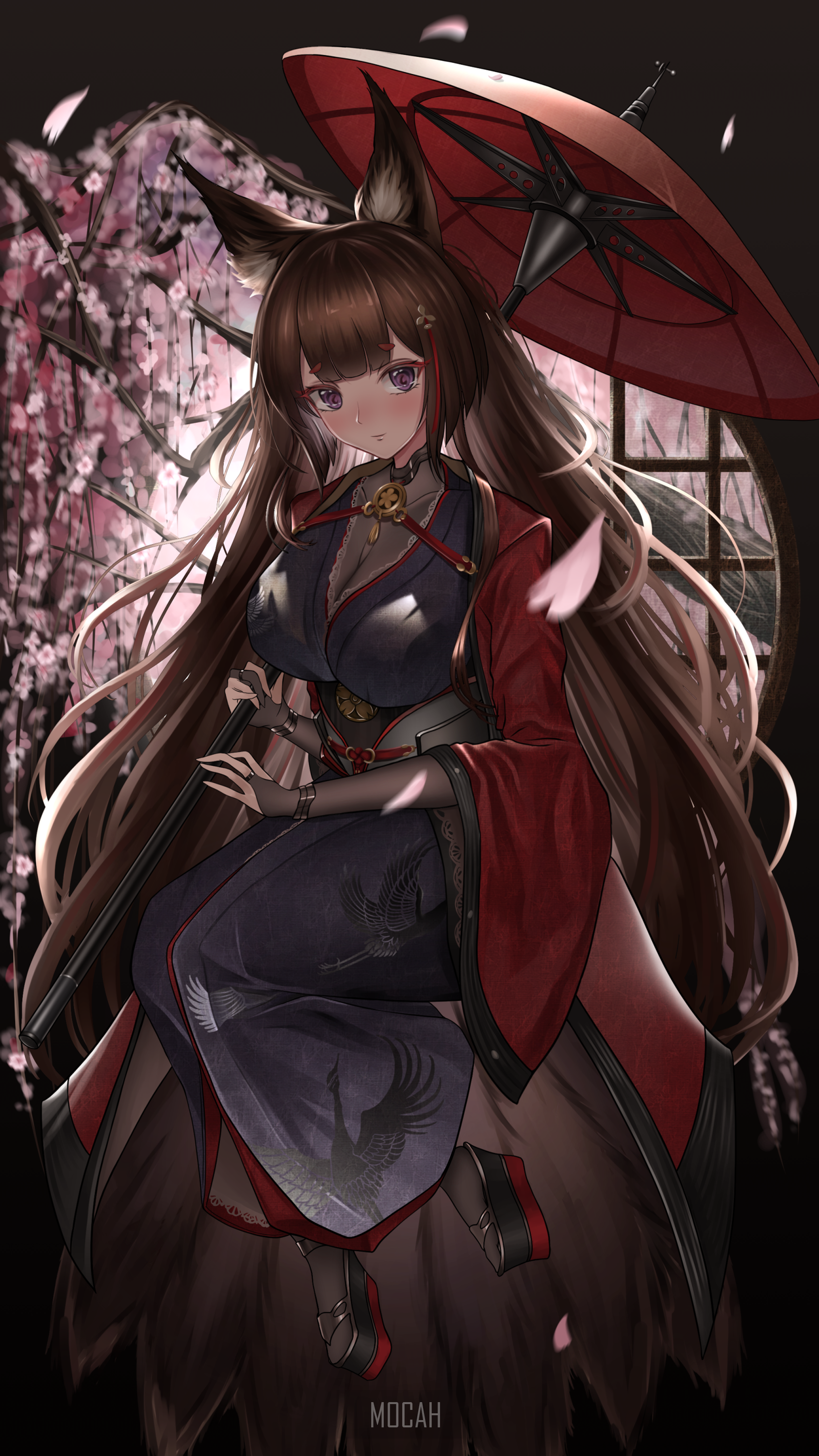 Amagi from Azur Lane with fox ears and umbrella HD Phone Wallpaper