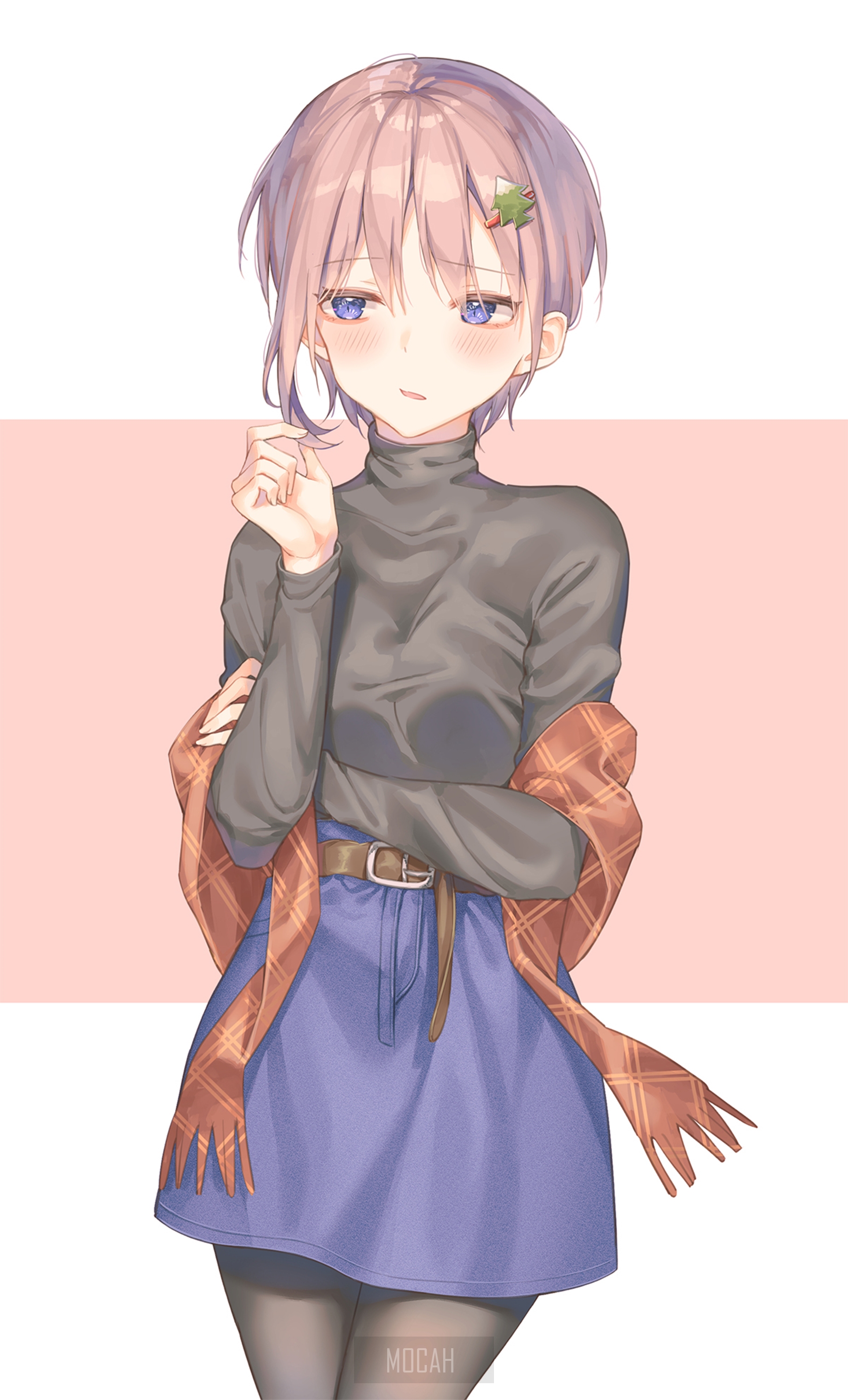 Anime girl with short pink hair wearing a turtleneck and skirt HD Phone Wallpaper