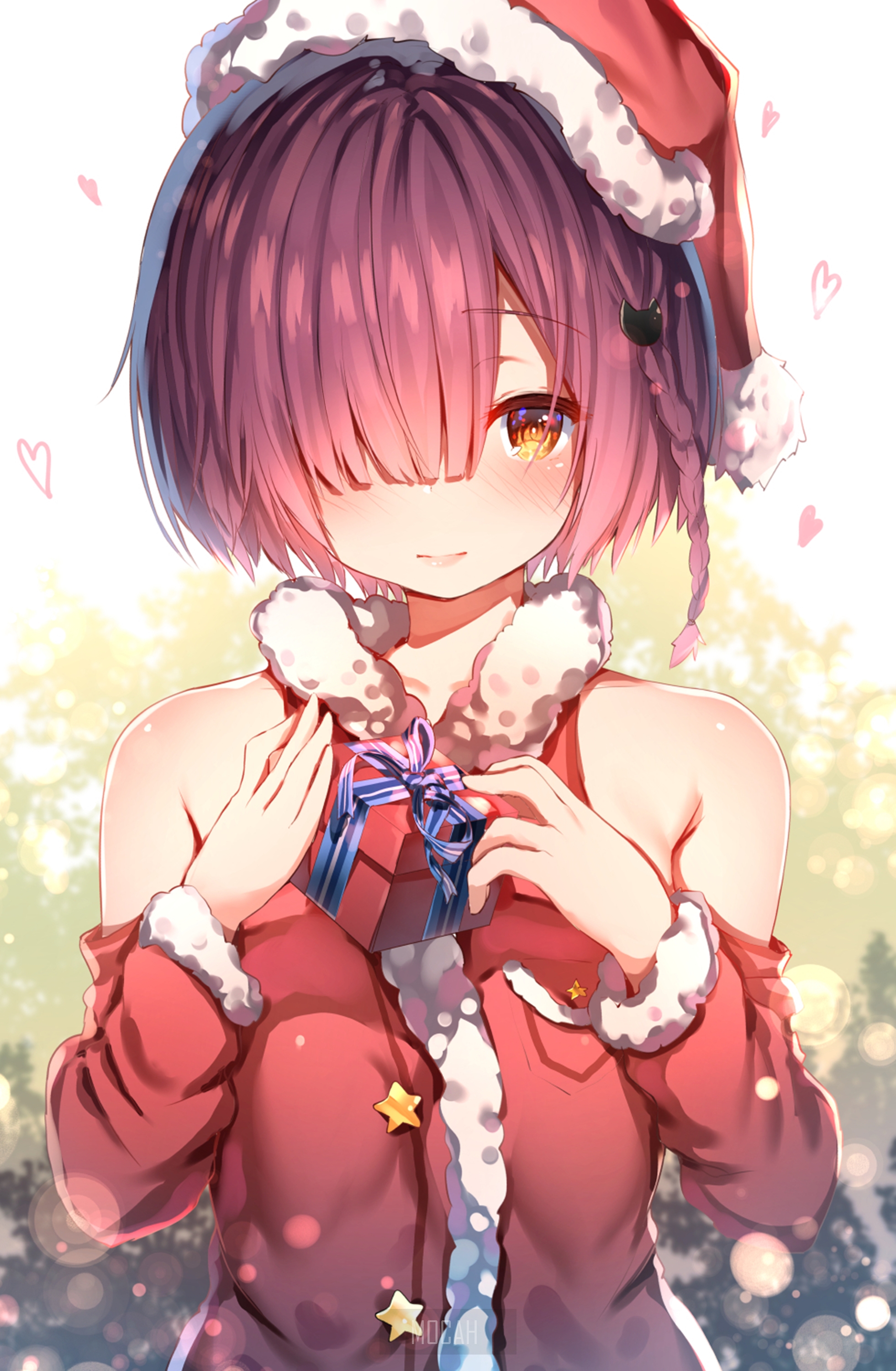 Anime girl in Santa outfit holding a gift HD Phone Wallpaper