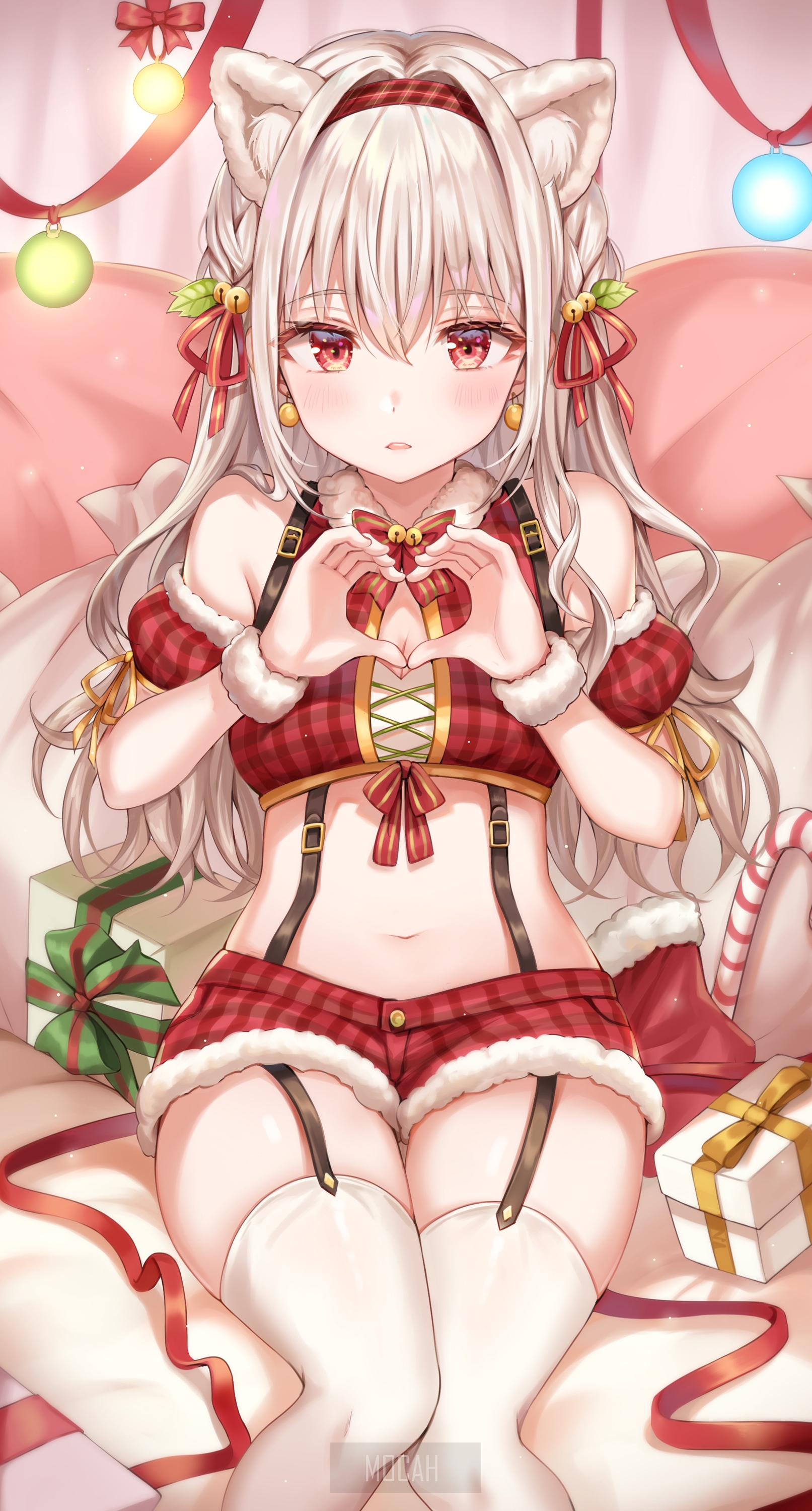 Anime girl with cat ears in Christmas outfit making heart shape HD Phone Wallpaper