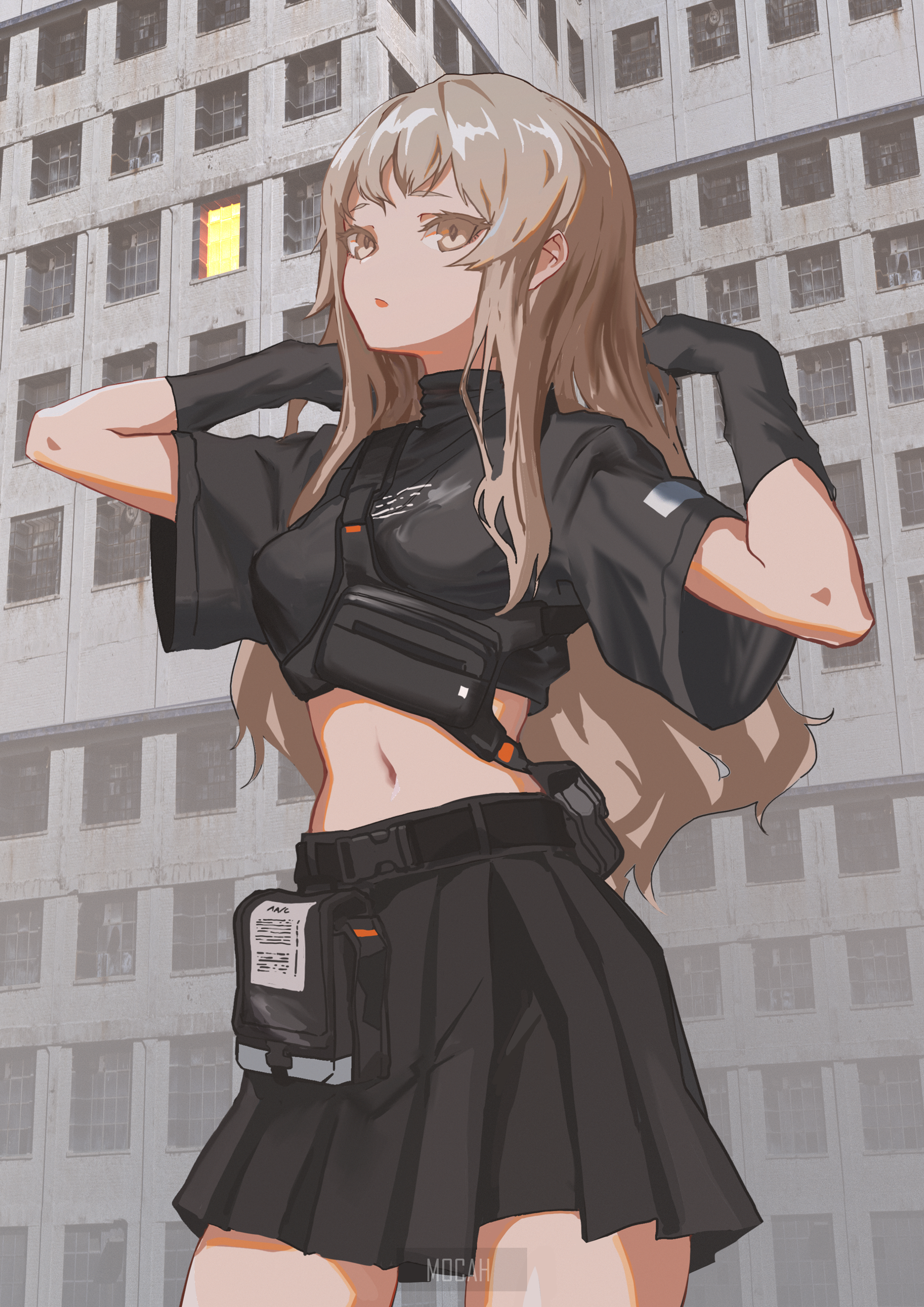 Anime girl in tactical outfit standing in front of building HD Phone Wallpaper