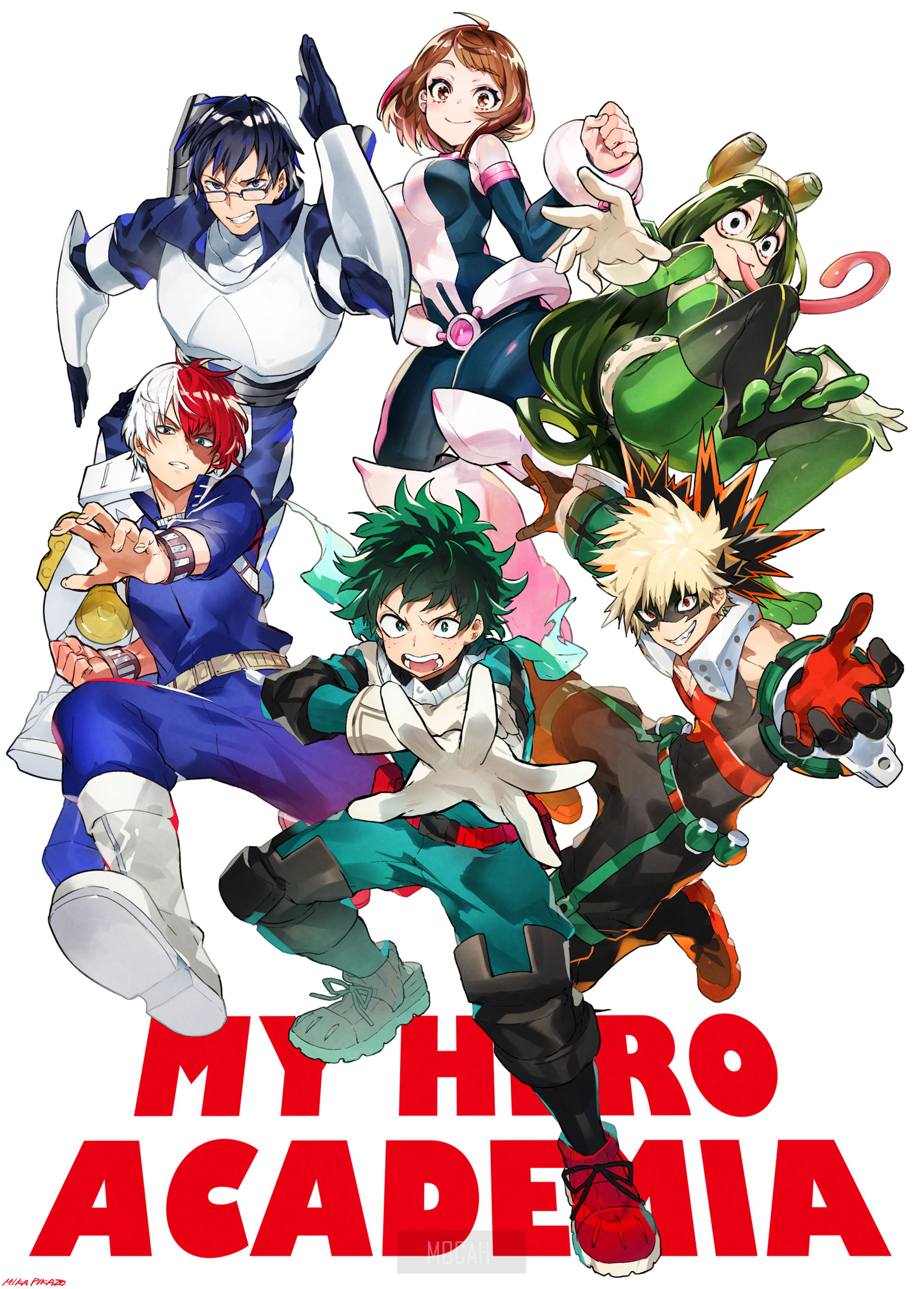 My Hero Academia characters: Izuku Midoriya, Katsuki Bakugo, Shoto Todoroki, Ochaco Uraraka, Tenya Iida, Tsuyu Asui HD Phone Wallpaper