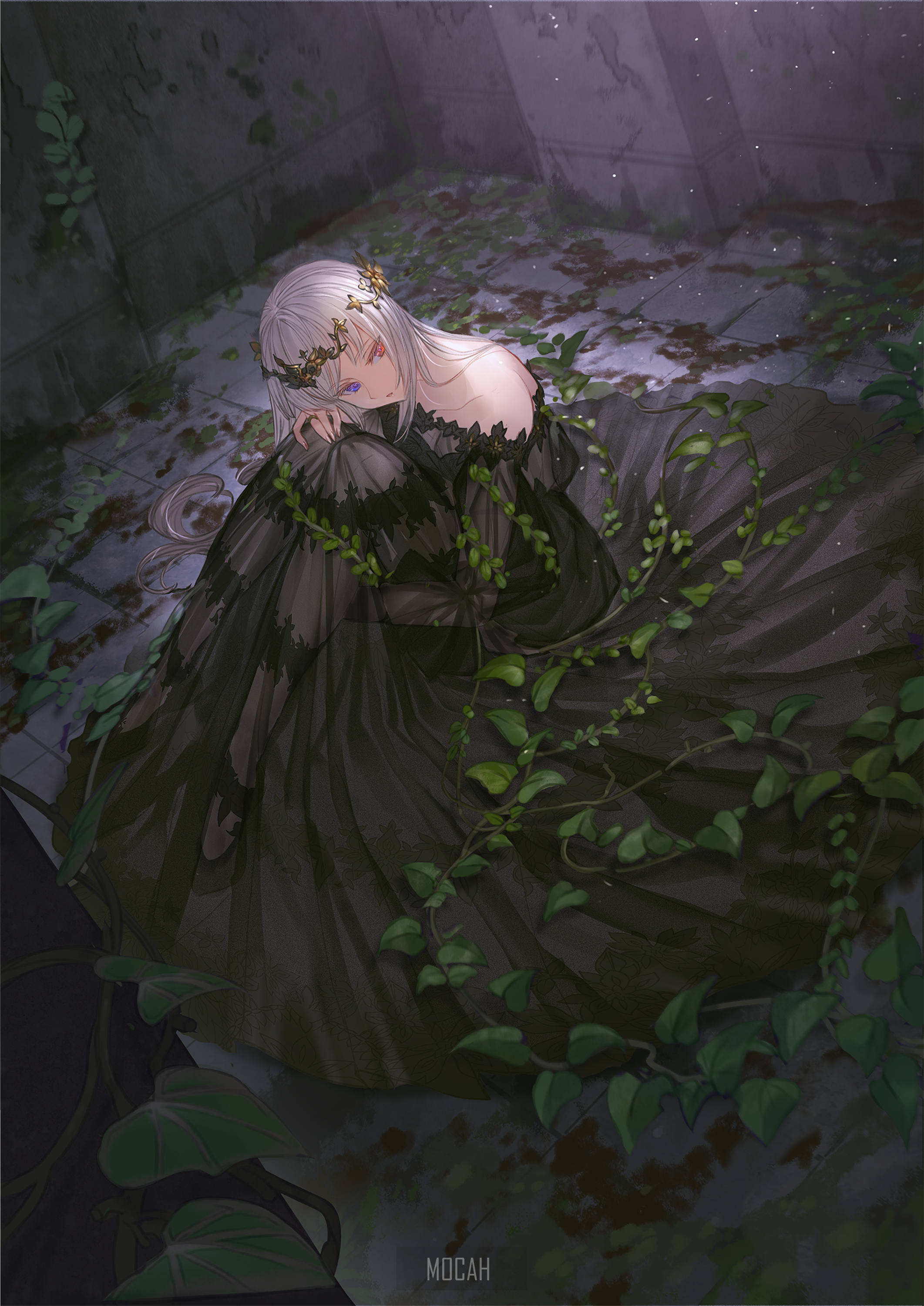 Anime girl in black dress with vines HD Phone Wallpaper