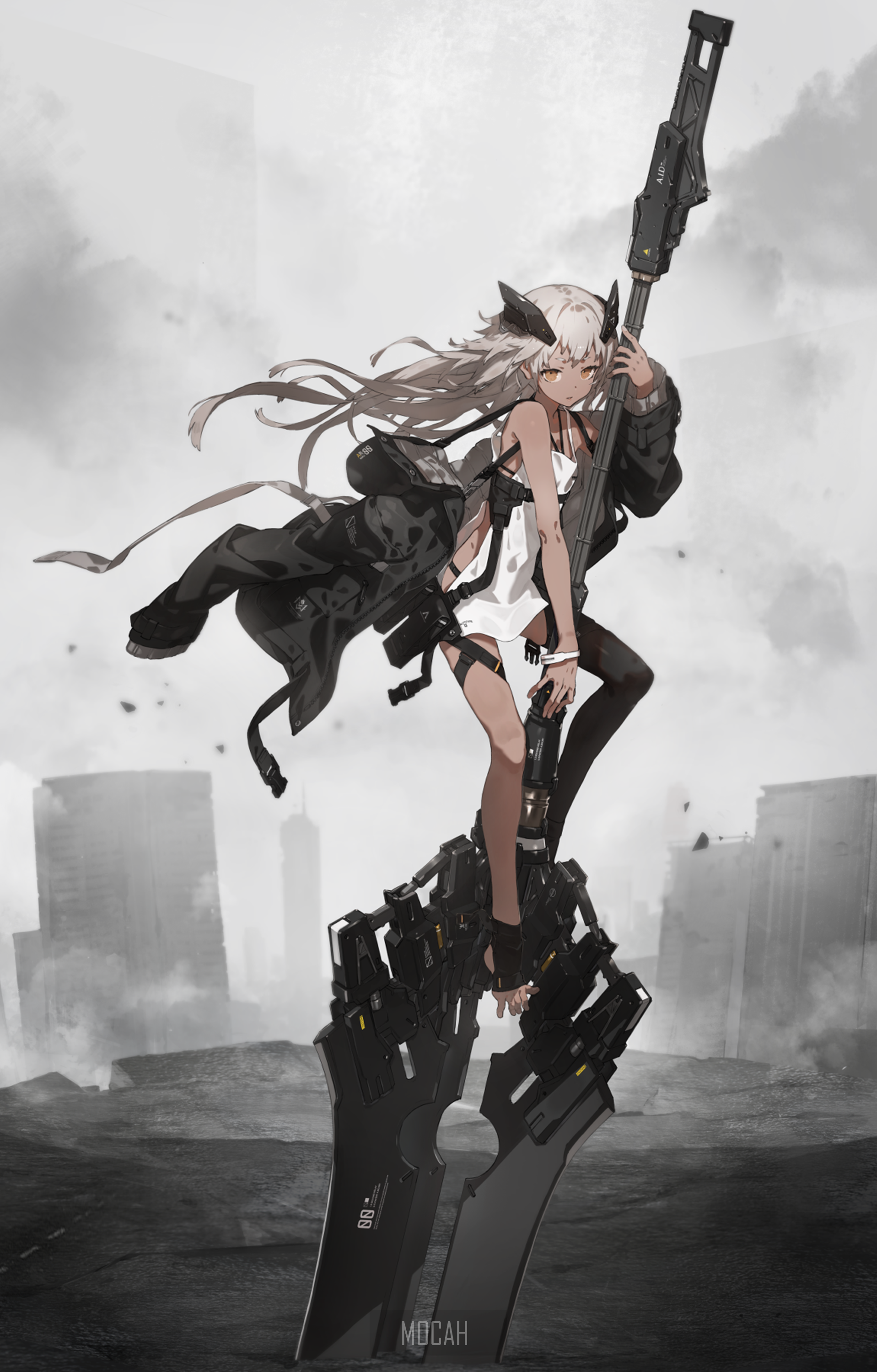 Anime girl with large weapon in ruined city HD Phone Wallpaper
