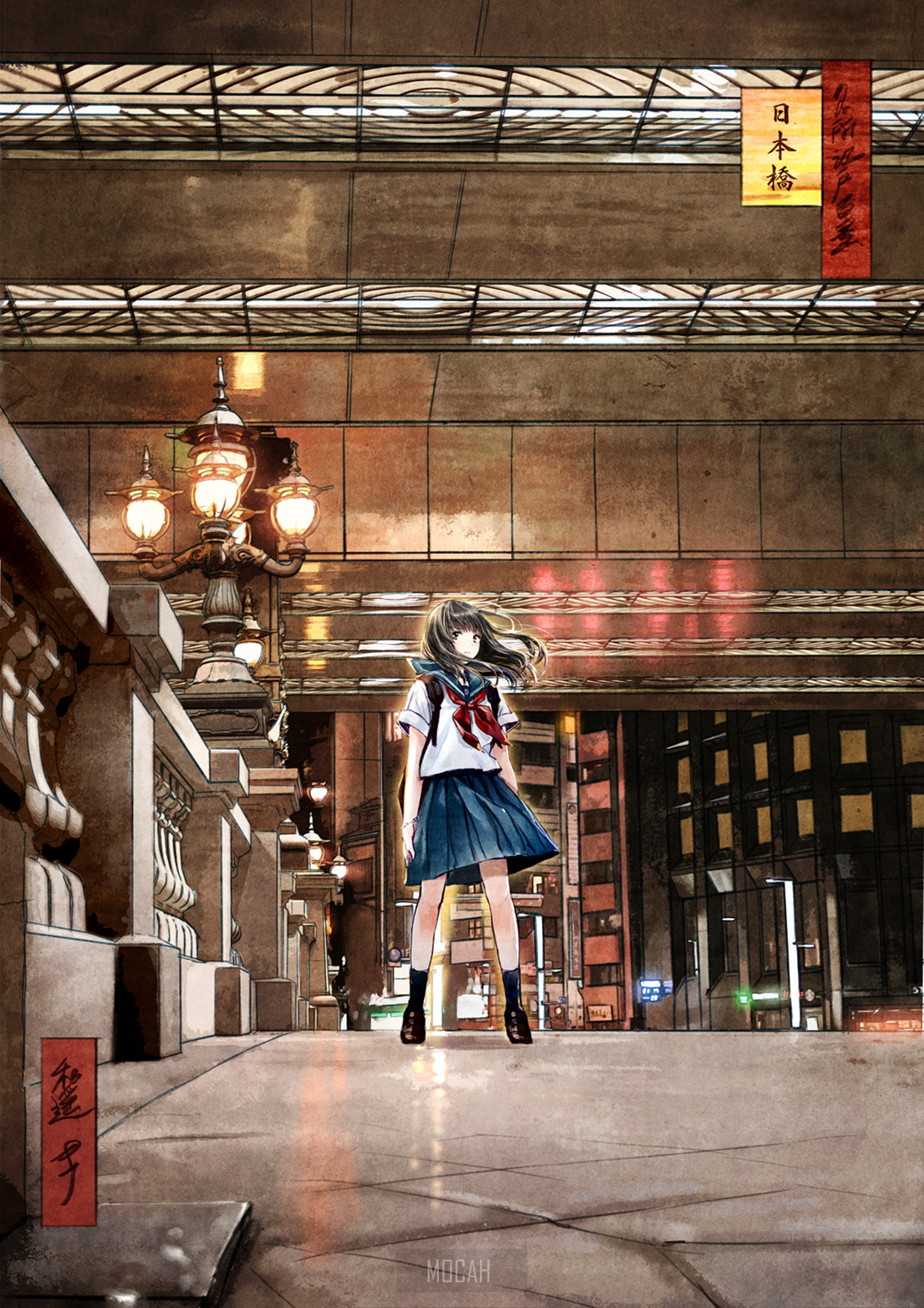 Anime girl in school uniform standing in a city at night HD Phone Wallpaper