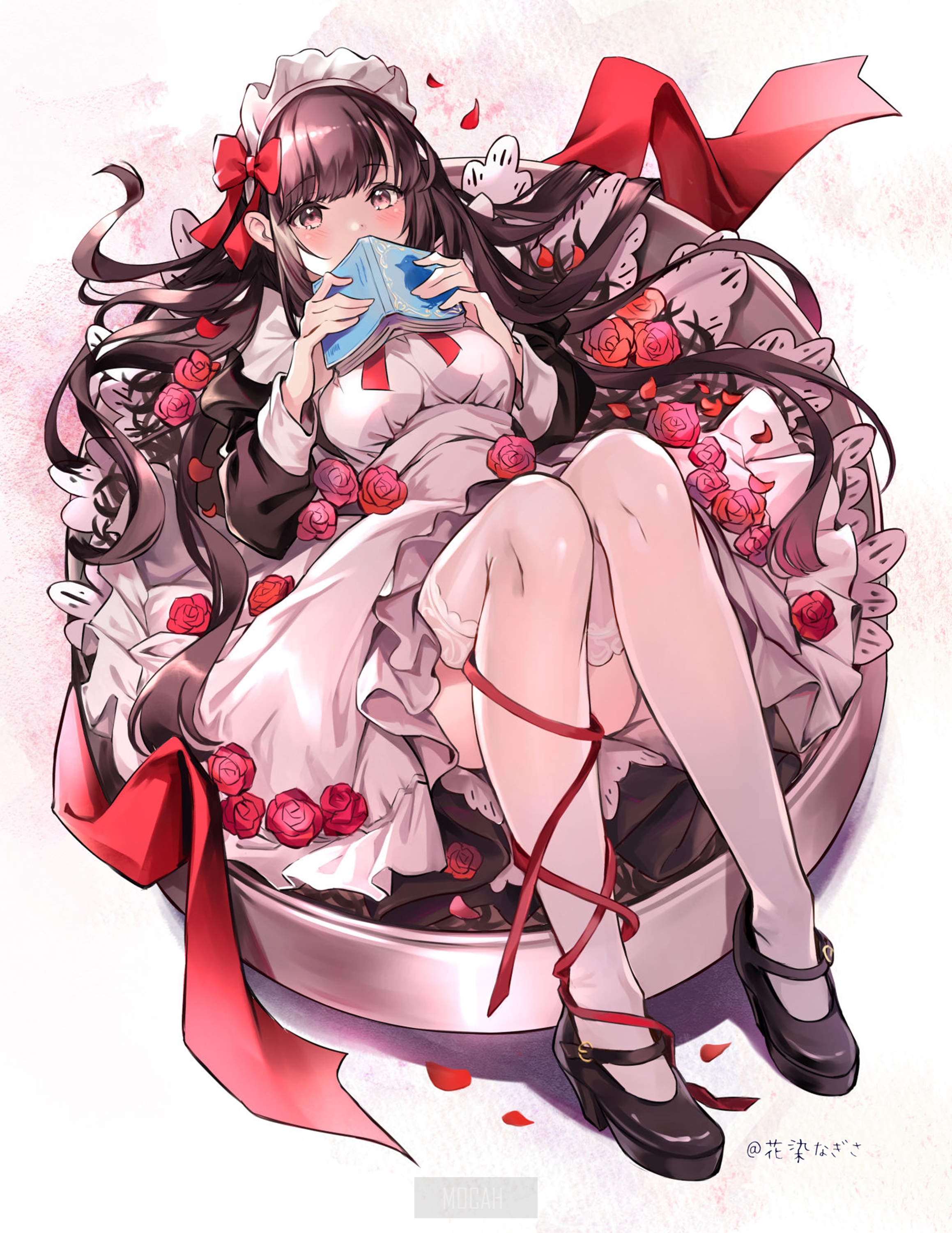 Anime girl in maid outfit reading a book surrounded by roses HD Phone Wallpaper