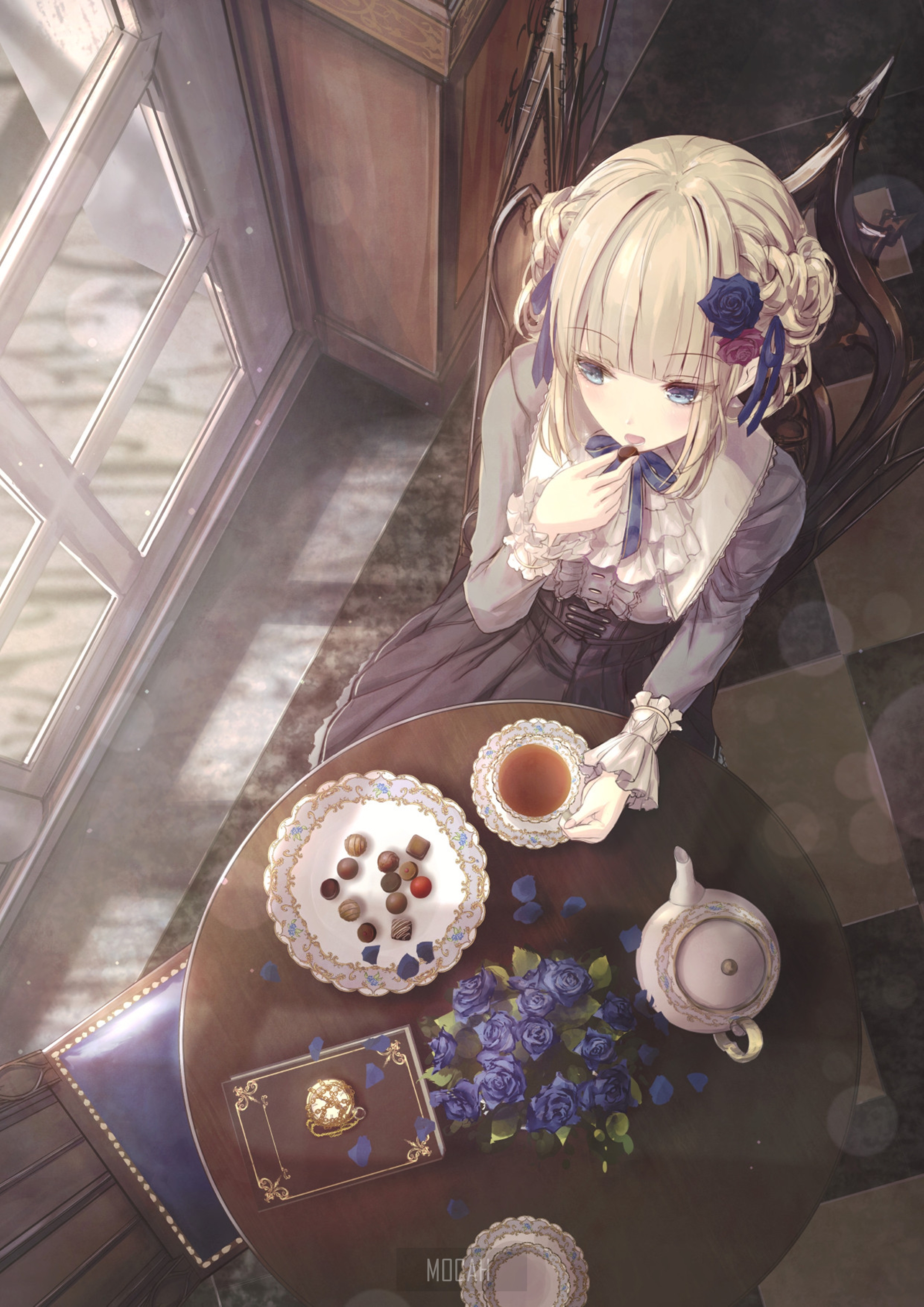 Anime girl eating chocolate by the window HD Phone Wallpaper