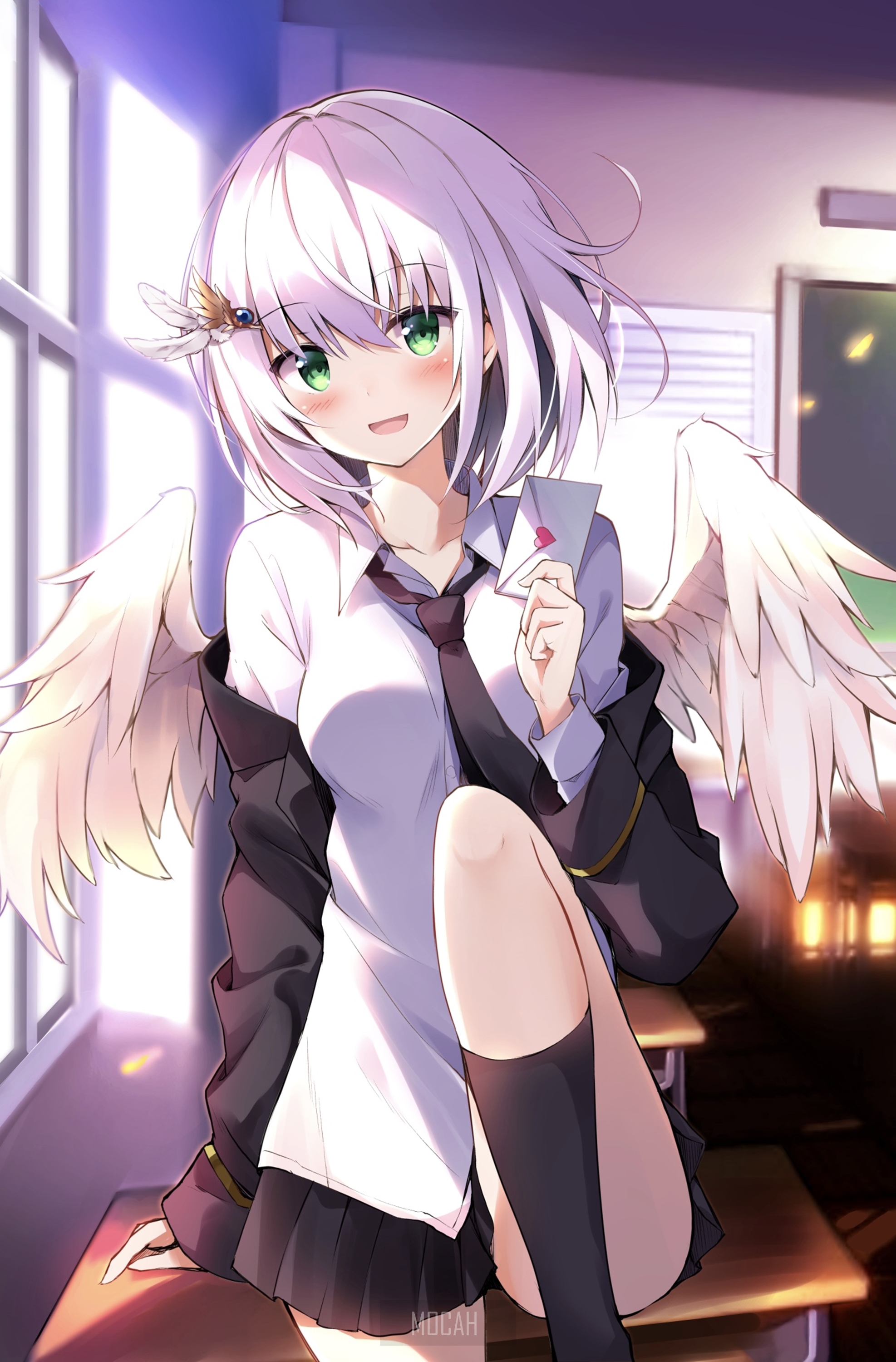 Anime girl with white hair and wings holding a letter HD Phone Wallpaper