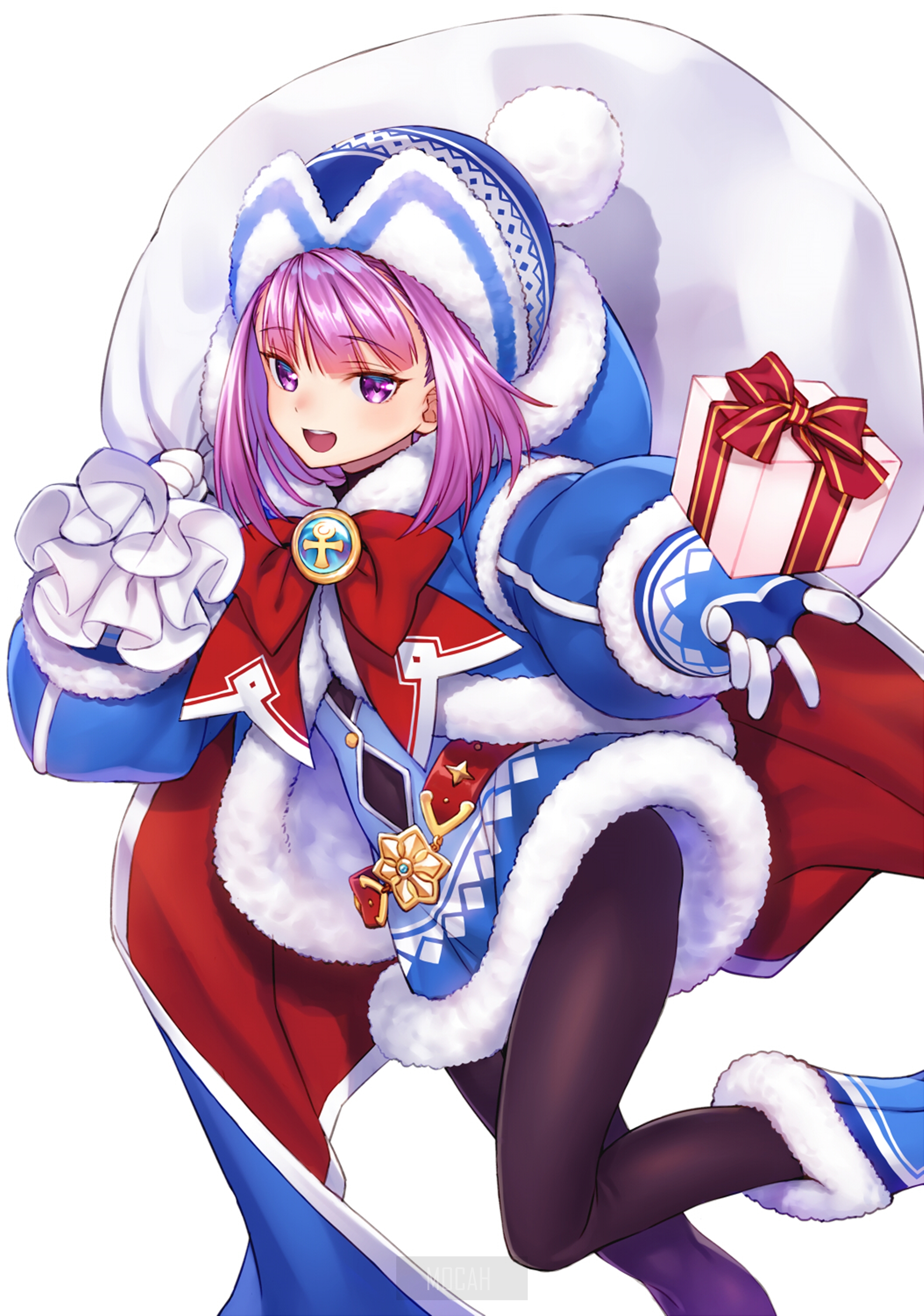 Anime girl in Christmas outfit holding gifts HD Phone Wallpaper