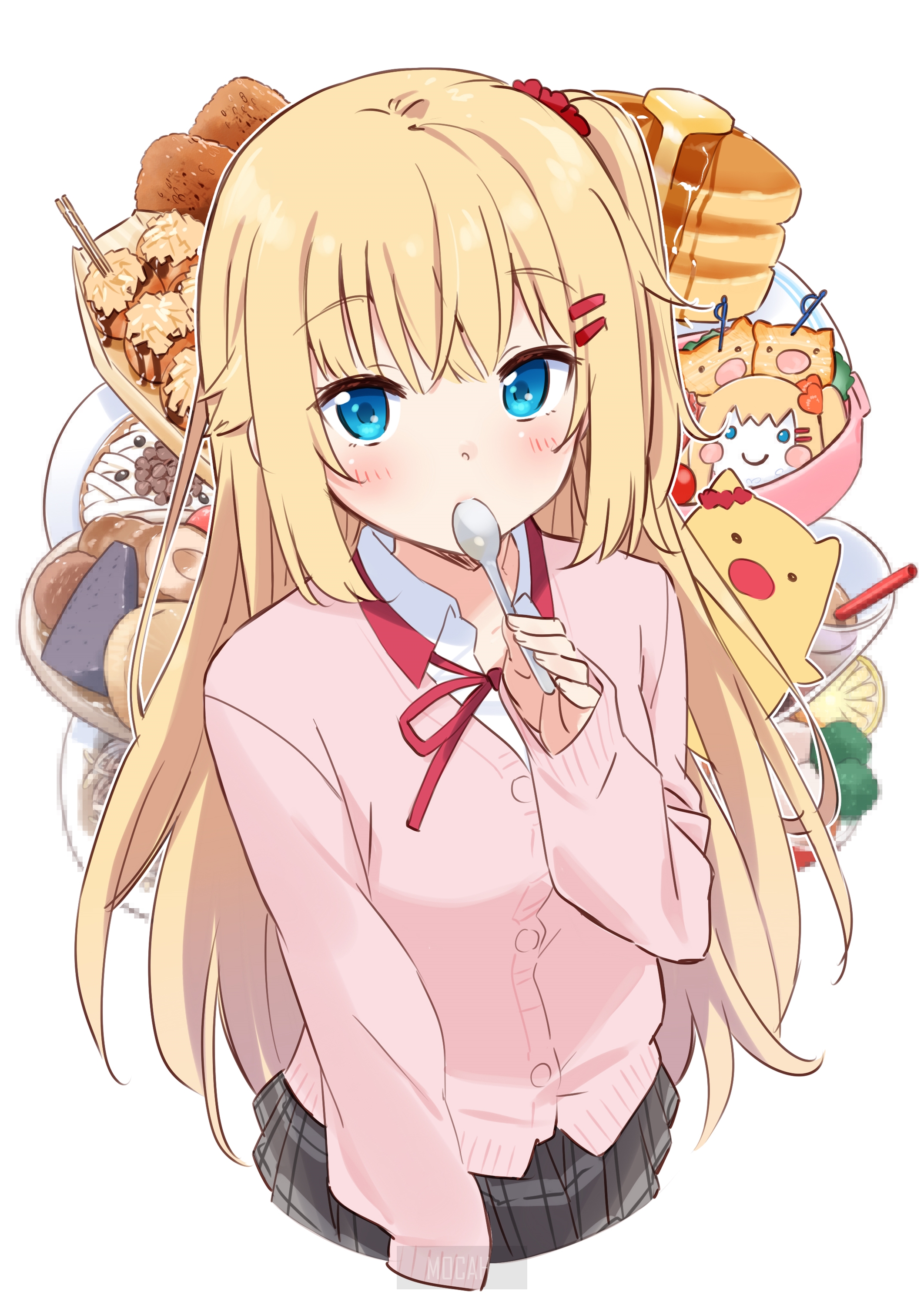 Anime girl with blonde hair eating with a spoon HD Phone Wallpaper
