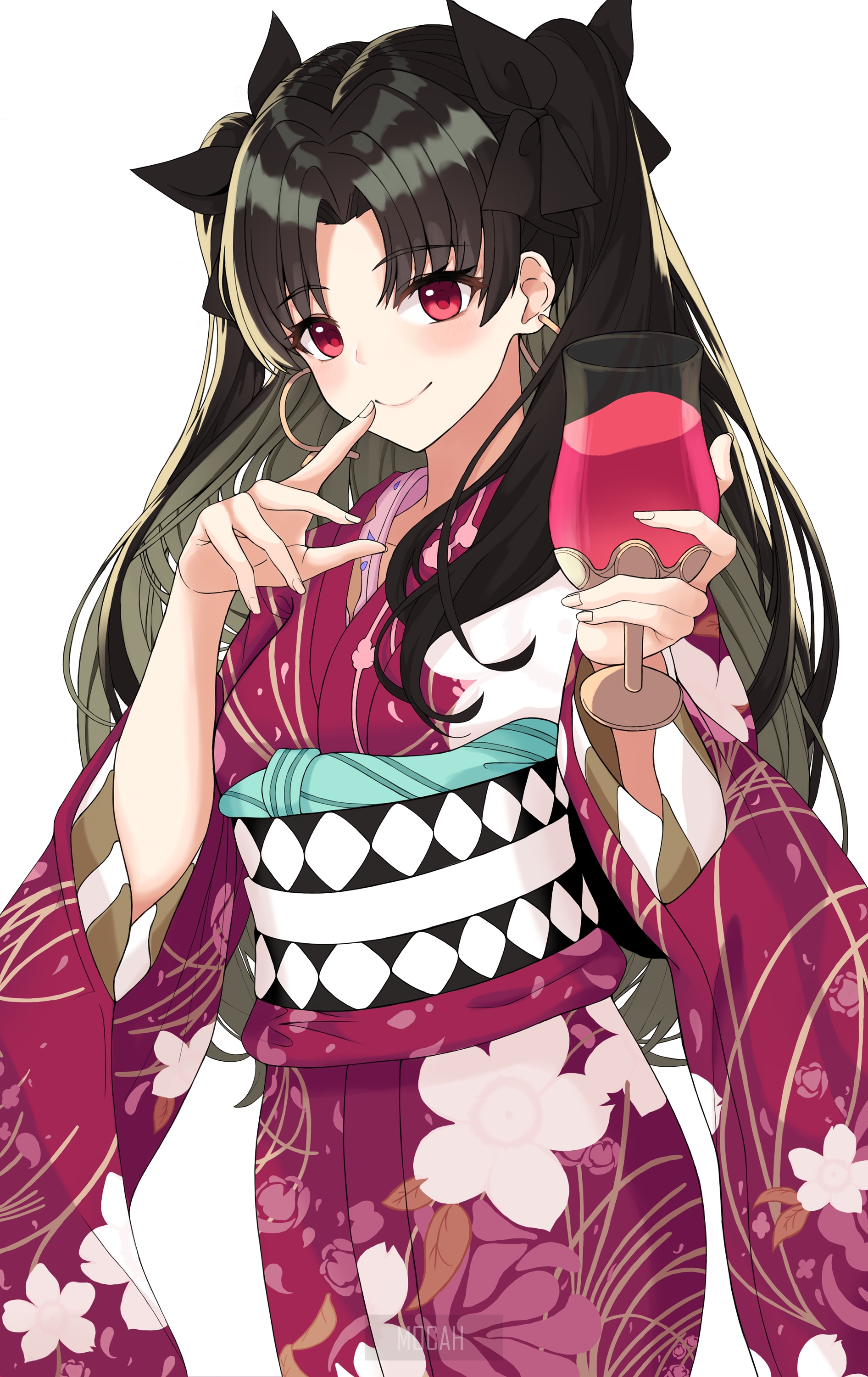Rin Tohsaka from Fate/stay night in a kimono holding wine HD Phone Wallpaper