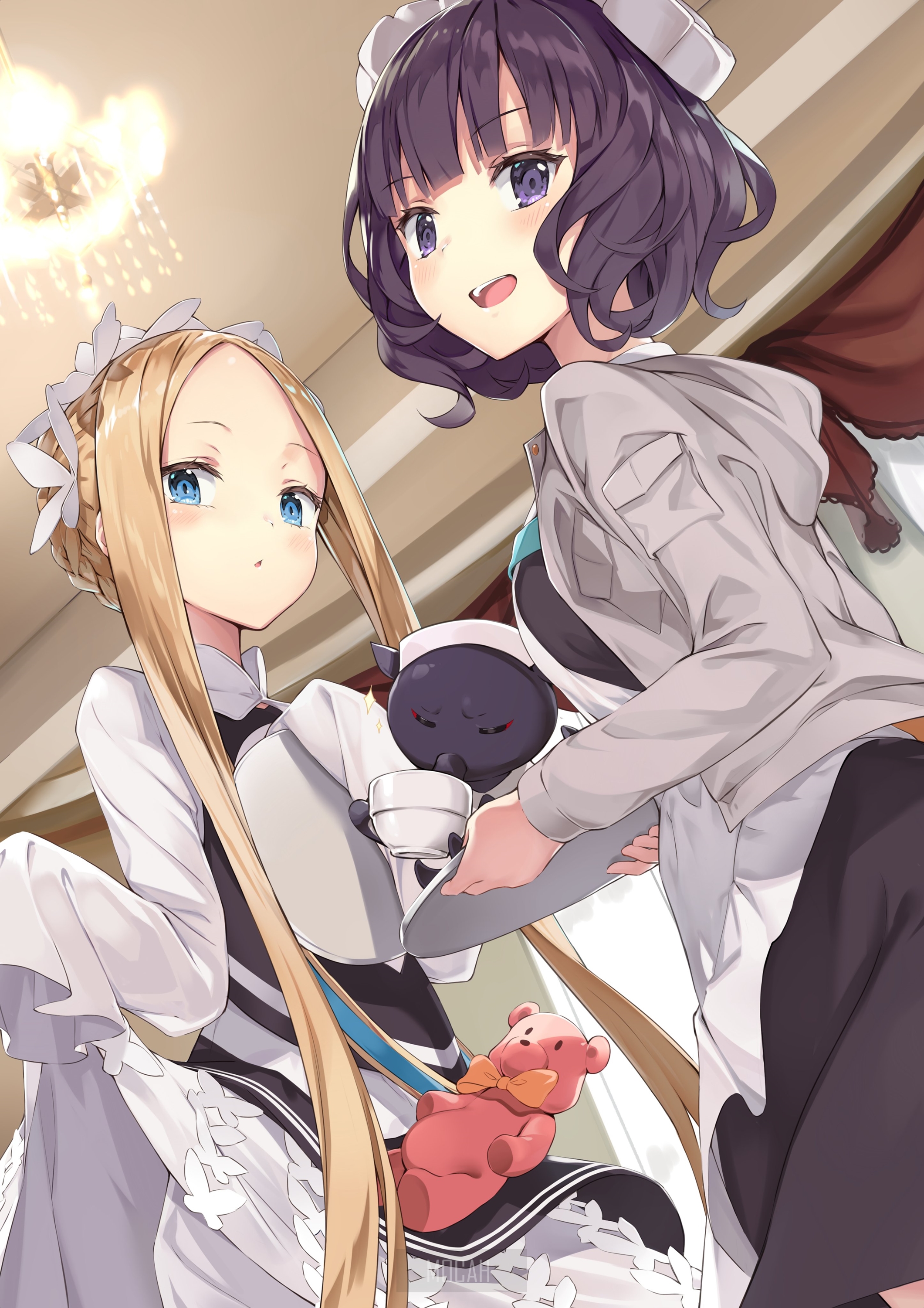 Two anime girls with a teddy bear and a creature HD Phone Wallpaper