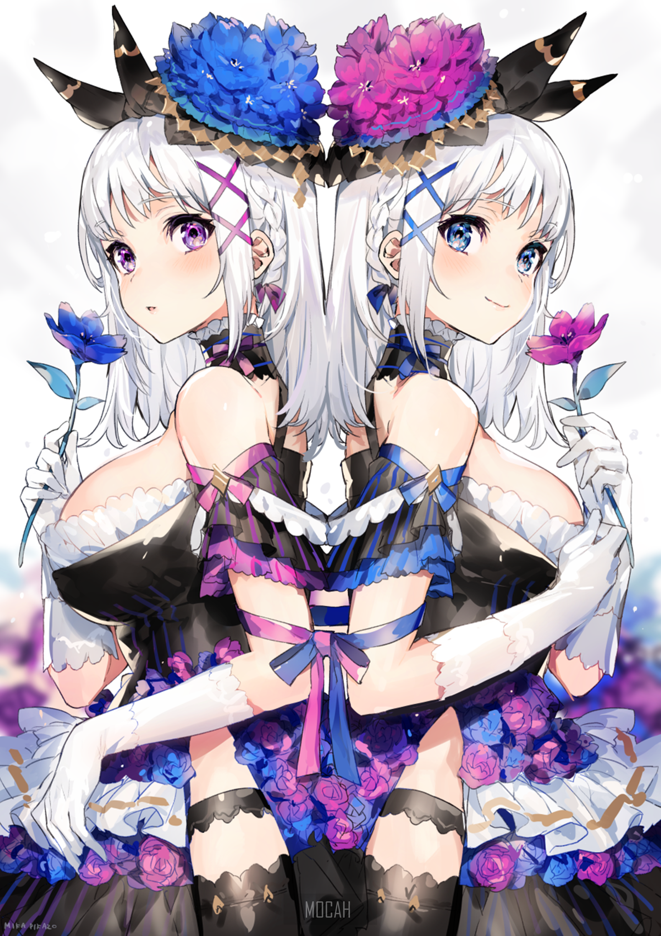 Two anime girls with flowers and ornate dresses HD Phone Wallpaper