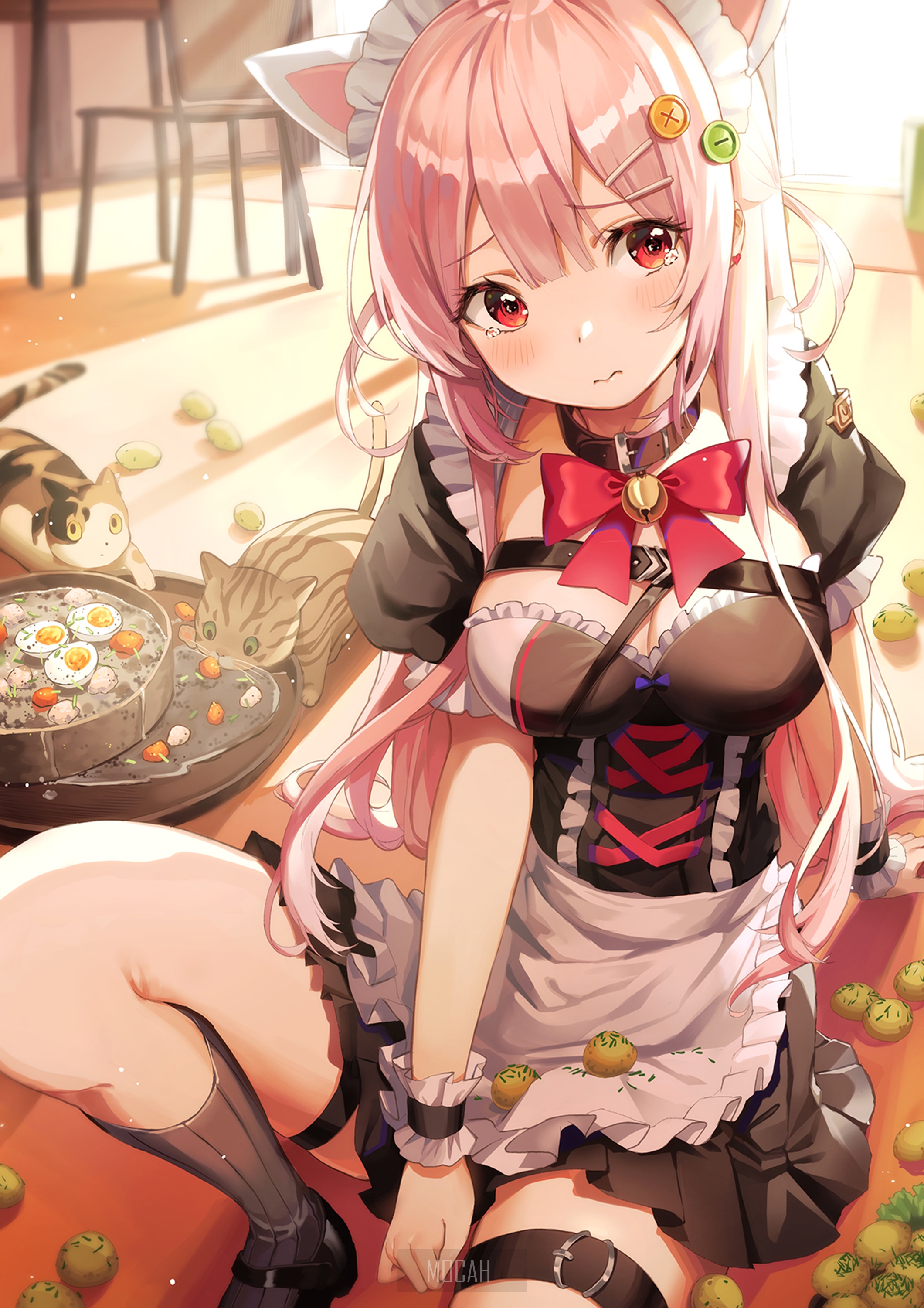 Anime cat-girl maid with cats and food HD Phone Wallpaper