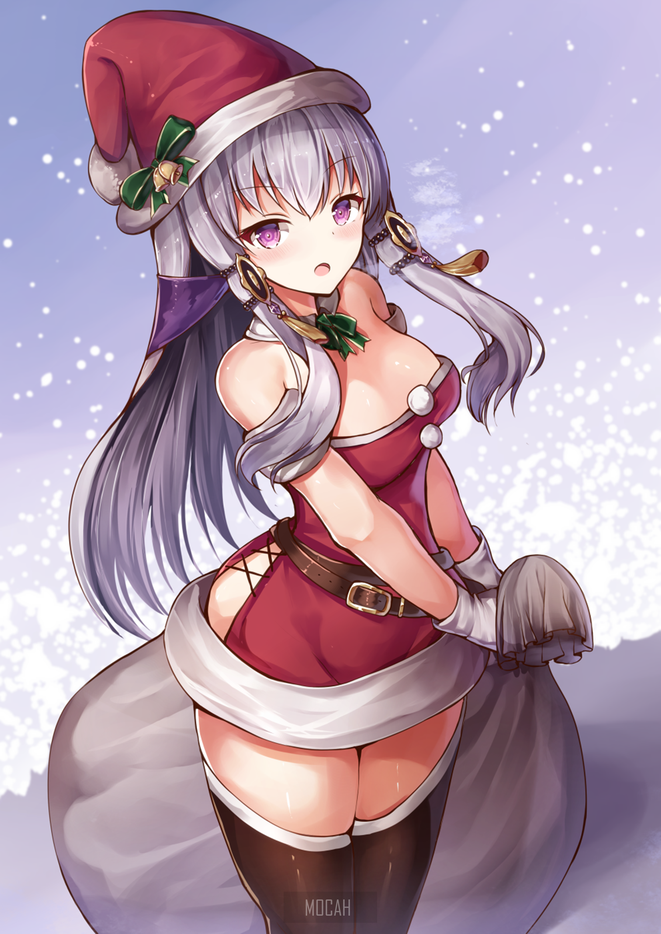 Anime girl in Christmas outfit with Santa hat HD Phone Wallpaper