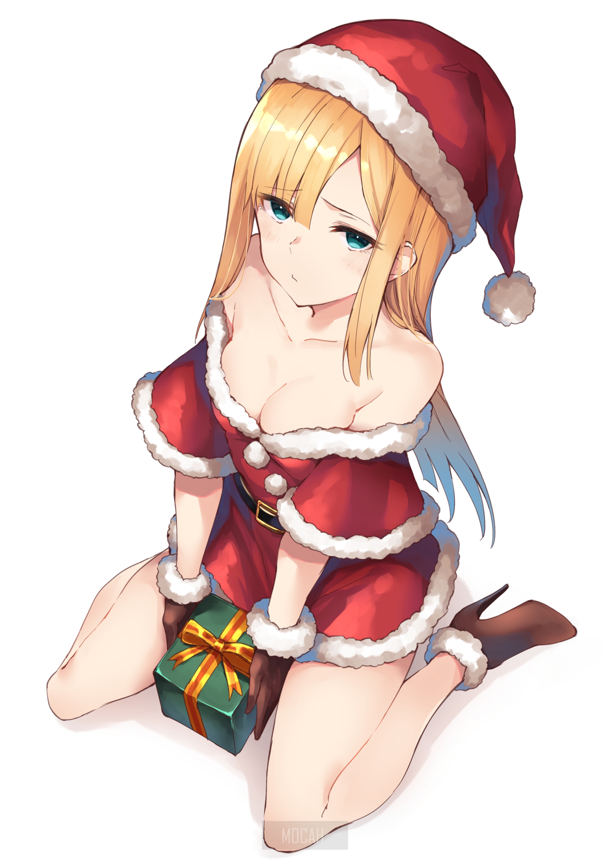 Anime girl in Santa outfit with gift HD Phone Wallpaper