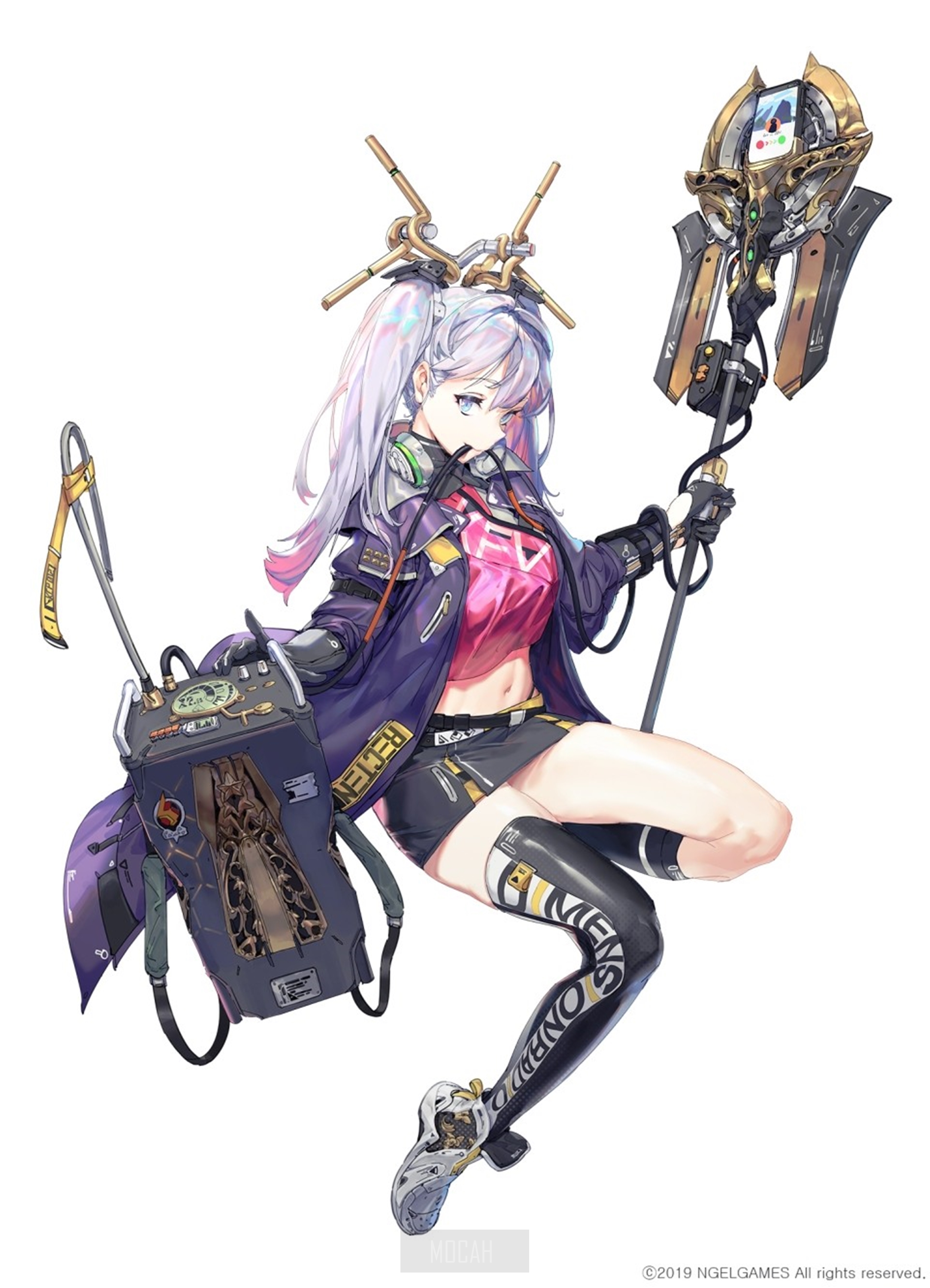 Anime girl with futuristic gear and staff HD Phone Wallpaper