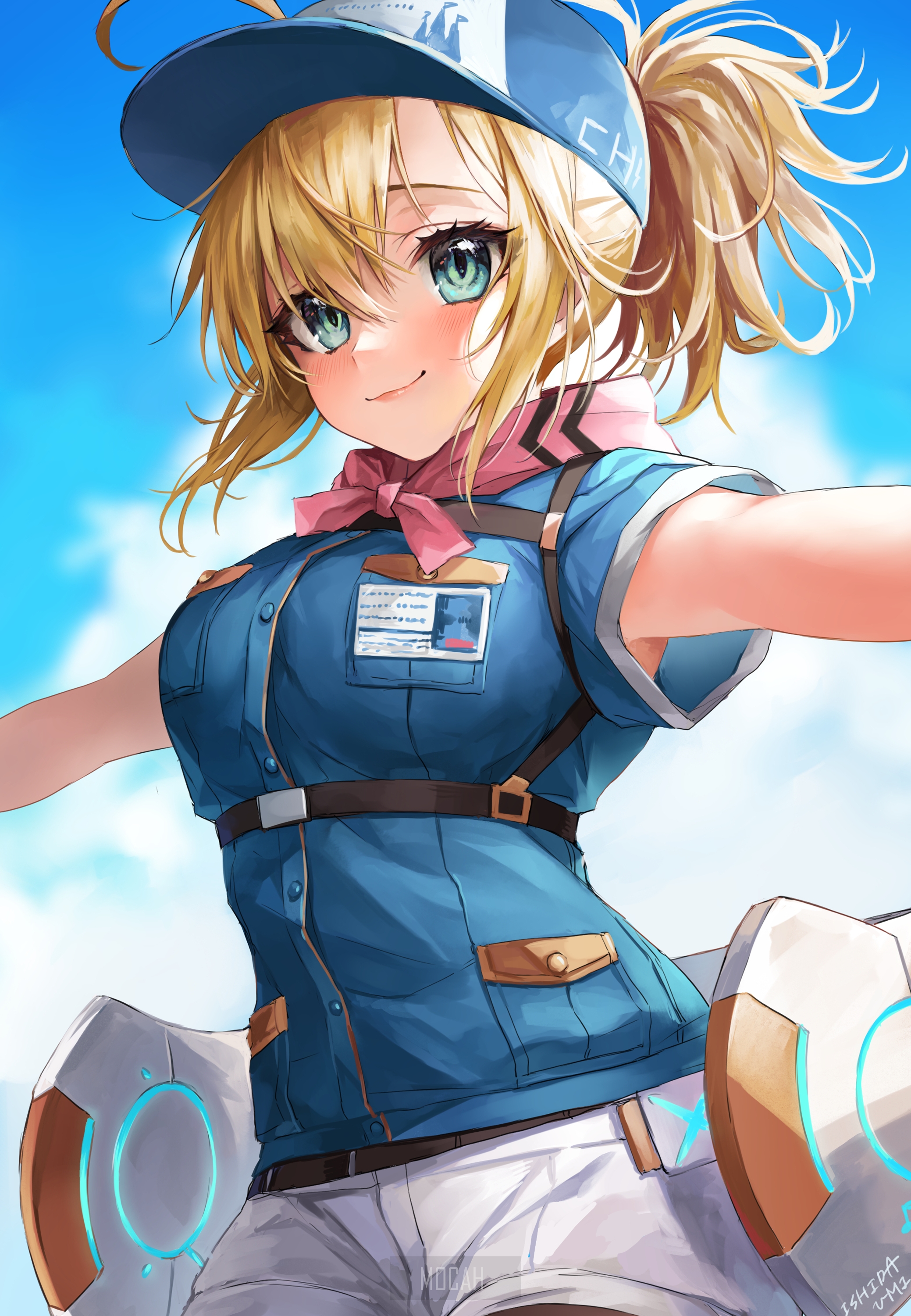 Anime girl in blue uniform and cap HD Phone Wallpaper