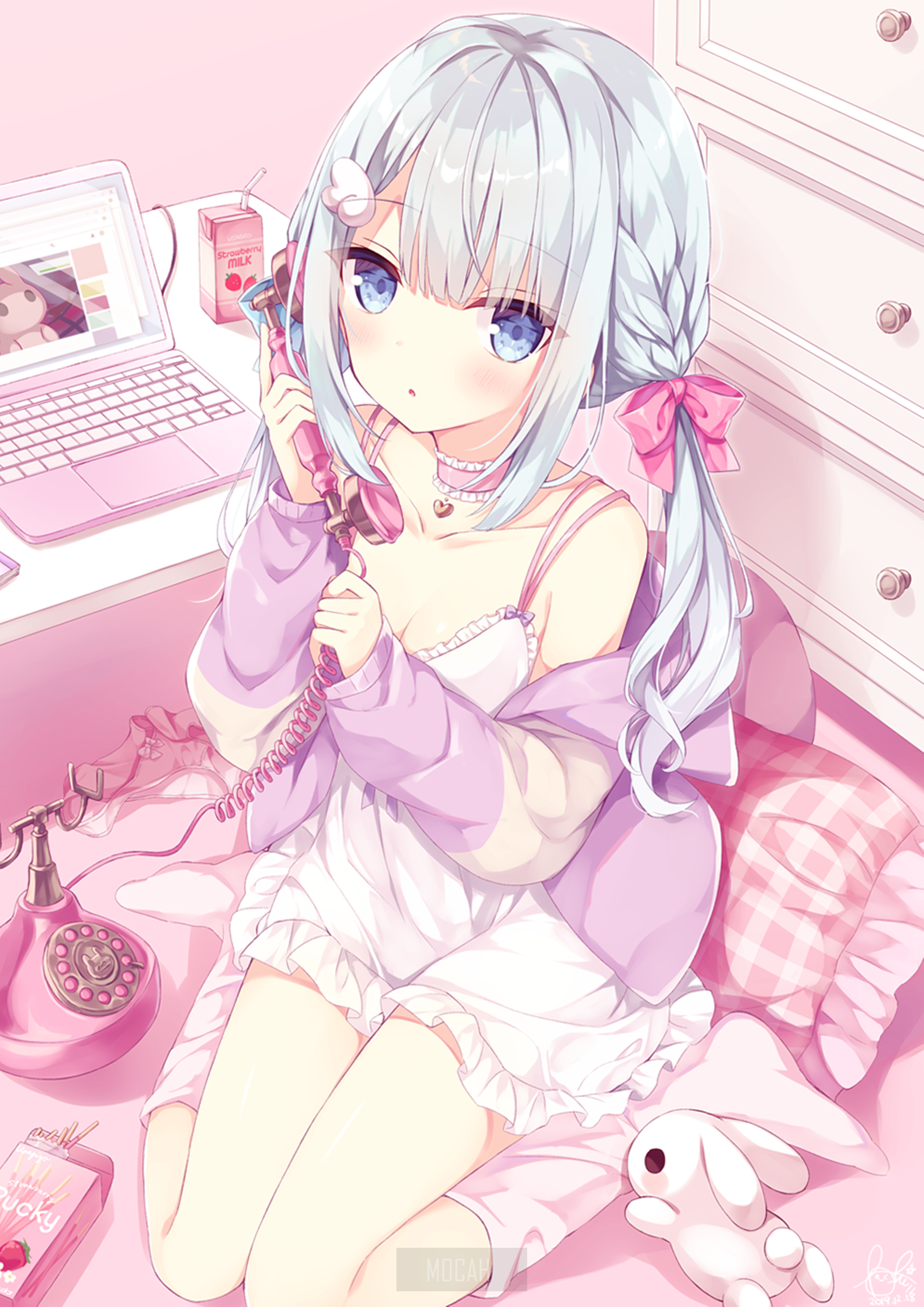 Anime Girl with Silver Hair and Pastel Room HD Phone Wallpaper