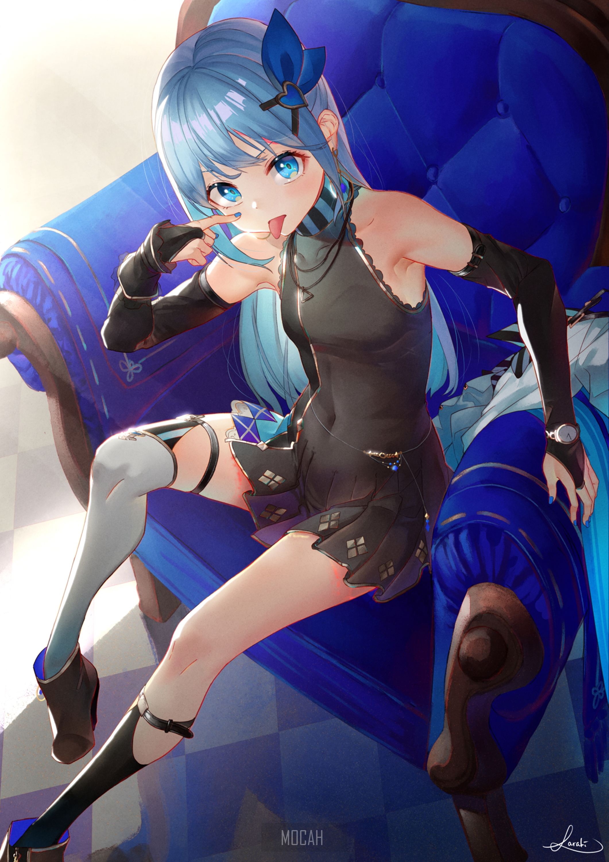 Anime girl with blue hair sitting on a chair HD Phone Wallpaper