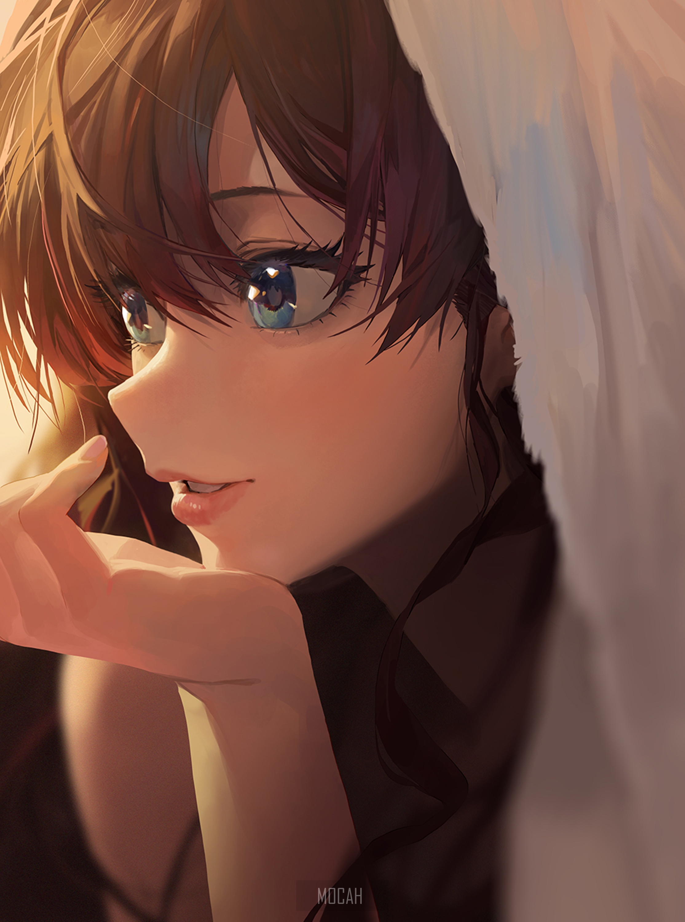 Anime girl with brown hair and blue eyes HD Phone Wallpaper