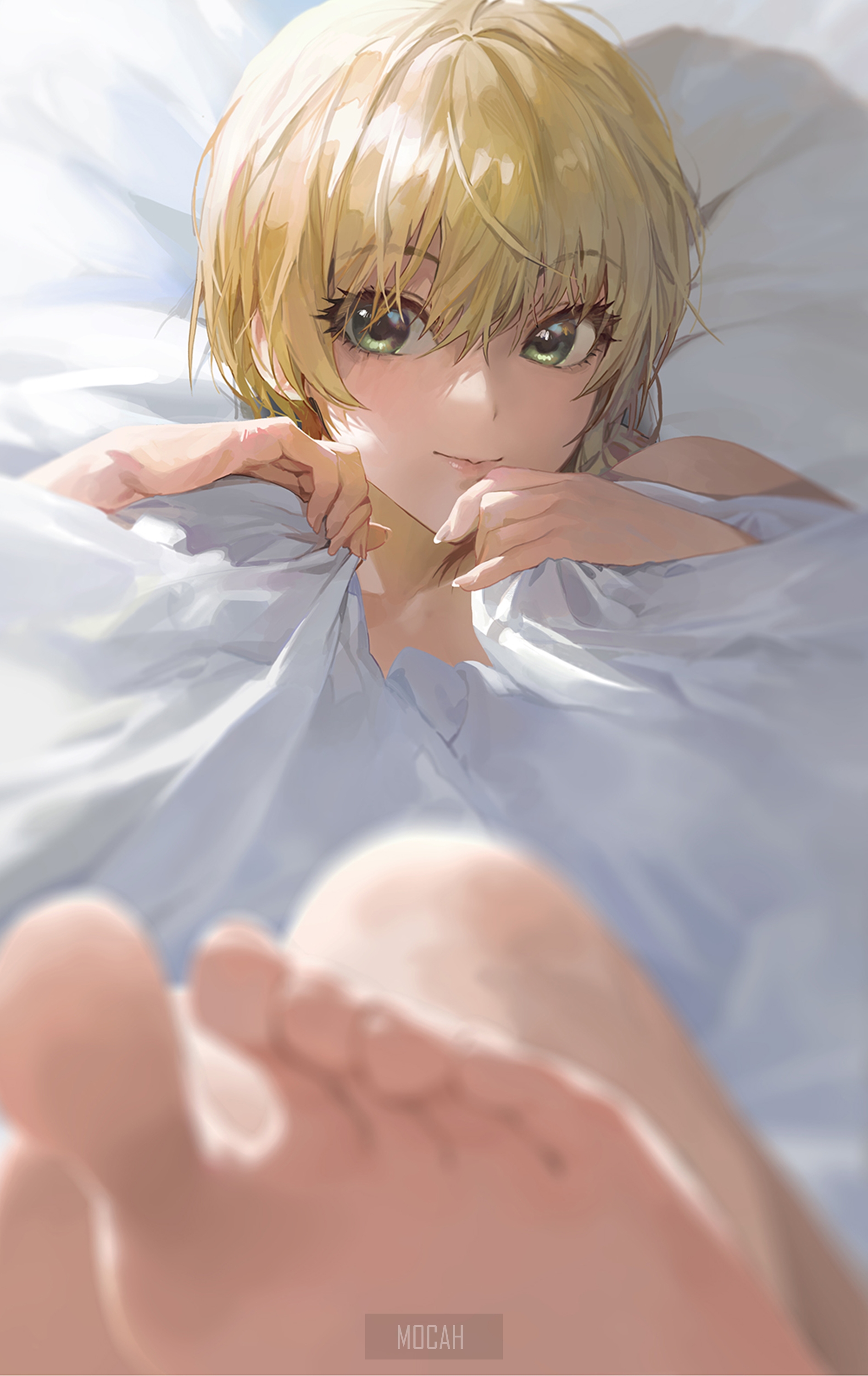 Anime girl lying in bed HD Phone Wallpaper