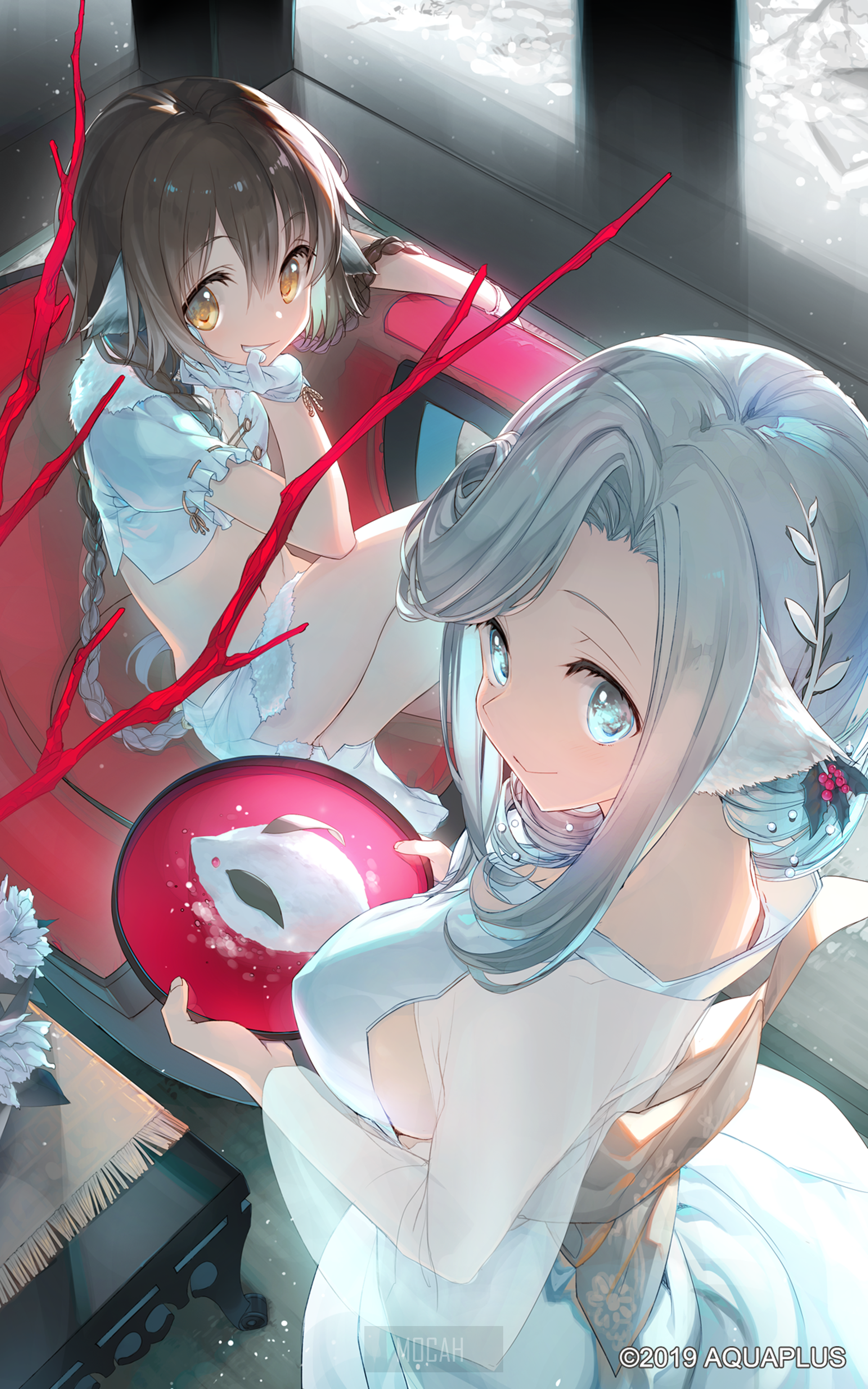 Two anime girls in white outfits with red branches HD Phone Wallpaper