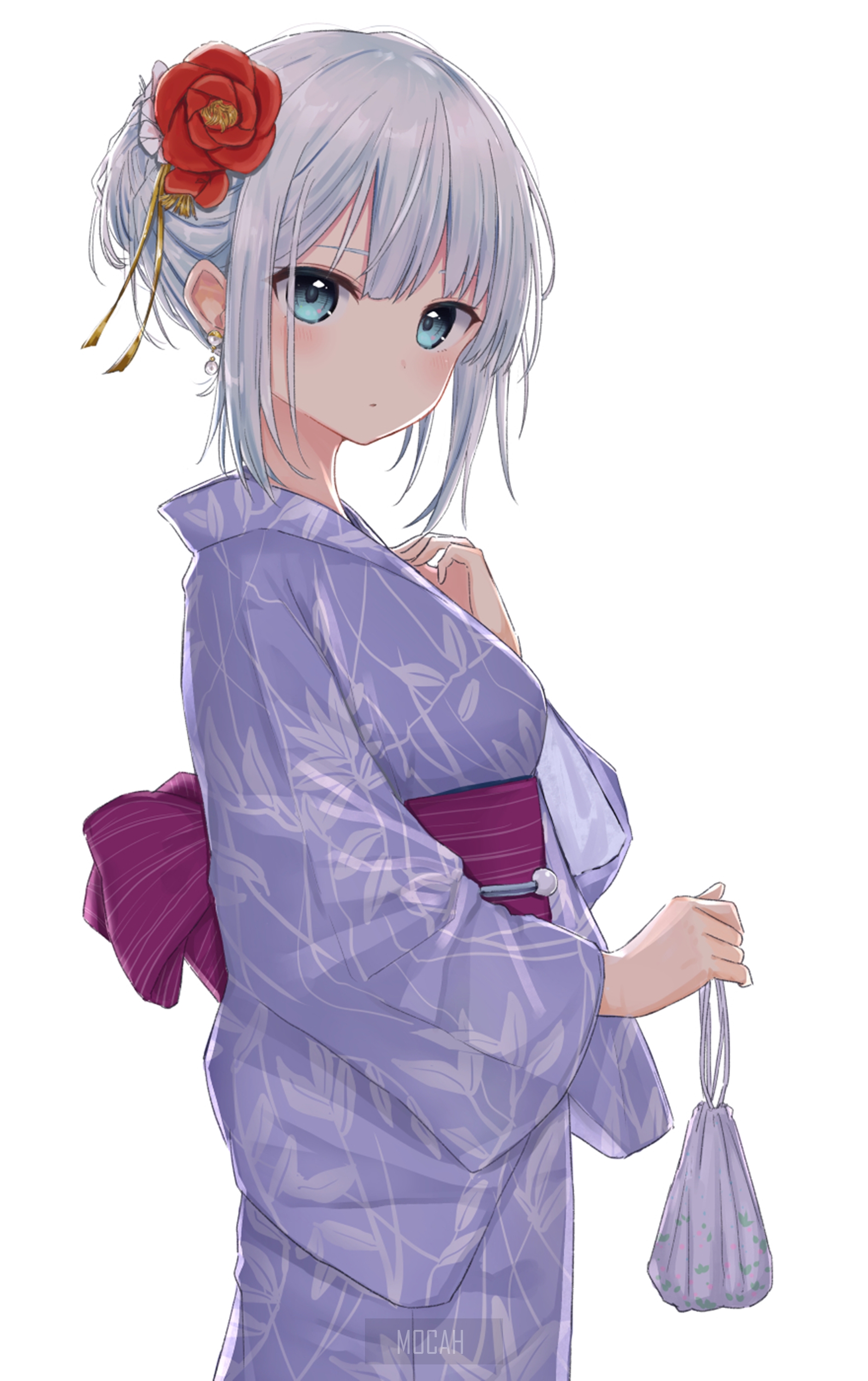 Anime girl in a purple yukata with a red flower in her hair HD Phone Wallpaper