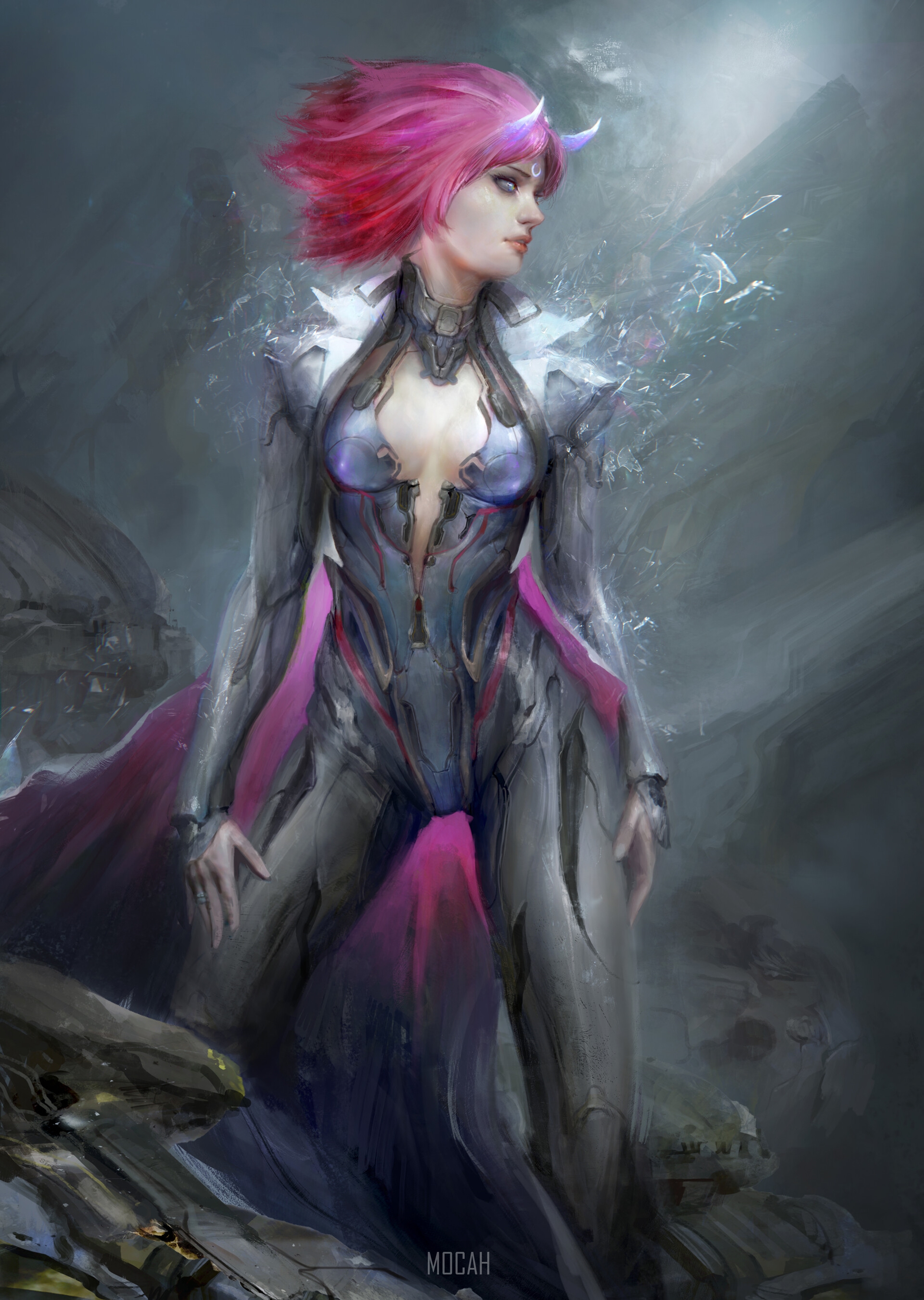 Anime girl with pink hair and horns in futuristic armor HD Phone Wallpaper