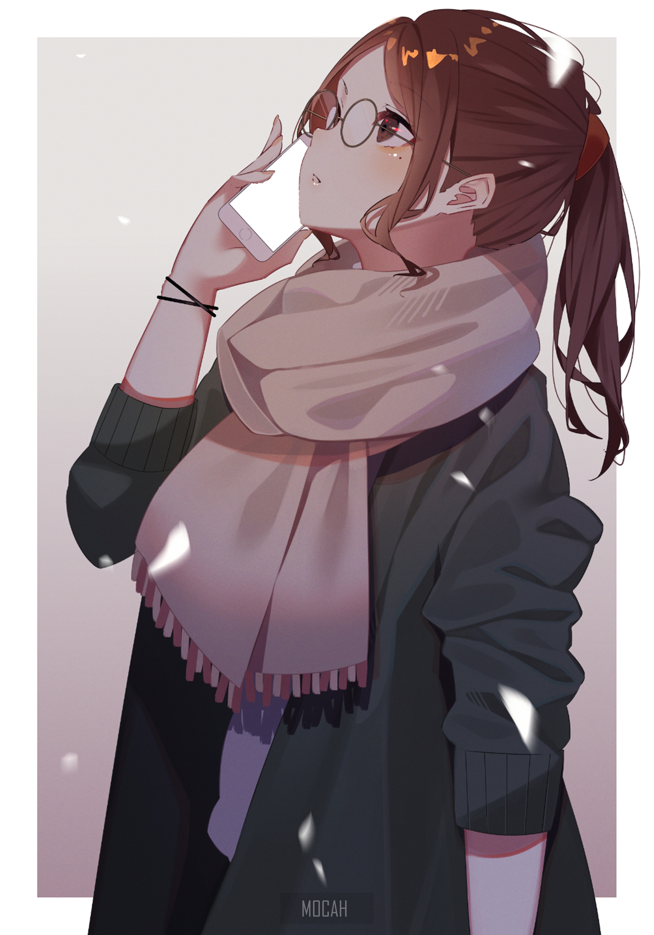 Anime Girl with Glasses and Scarf in Winter HD Phone Wallpaper