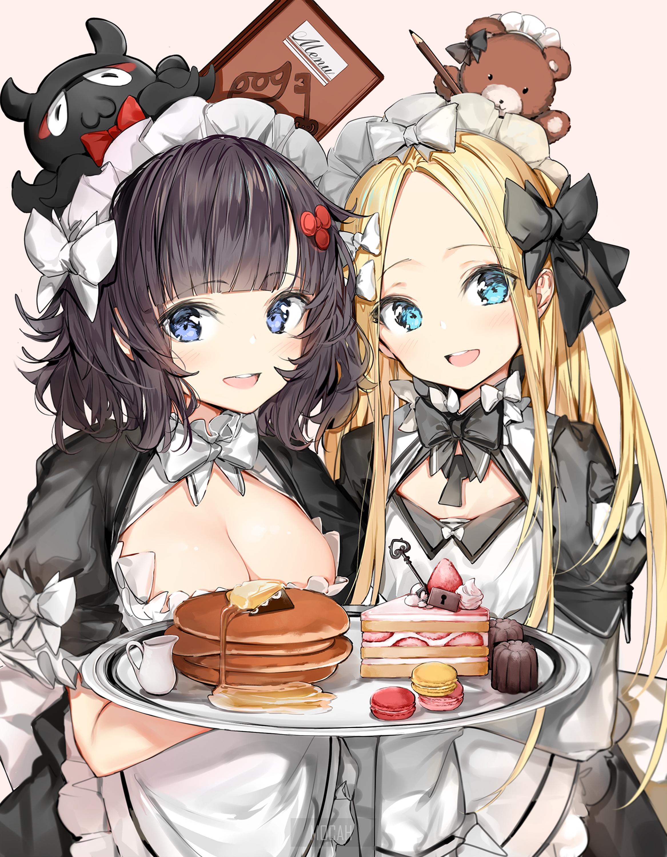 Two anime maids with desserts HD Phone Wallpaper